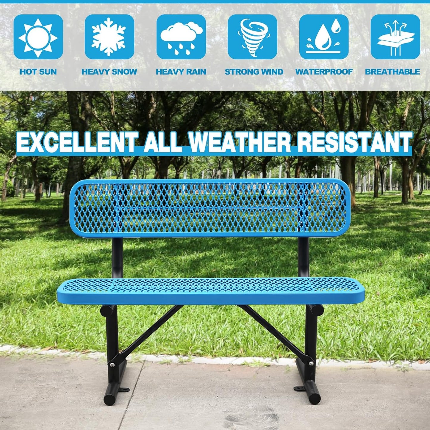 4Ft Outdoor Bench with Blue Portable Frame, Outdoor Steel Park Bench with Backrest, Expanded Metal Mesh Bench for Outside, Lawn, Backyard, Park, Deck, Garden, Patio, Porch, Blue