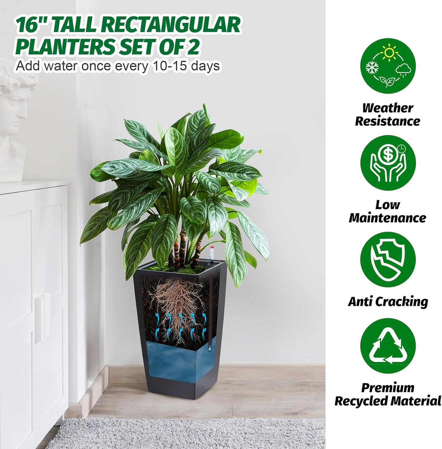 16" Tall Planters Set of 2, Outdoor＆Indoor Black Planter Pots, High Front Porch Planter Pots with Drainage Holes＆Water Level Monitor＆Inner Bucket, Automatic Watering,Black