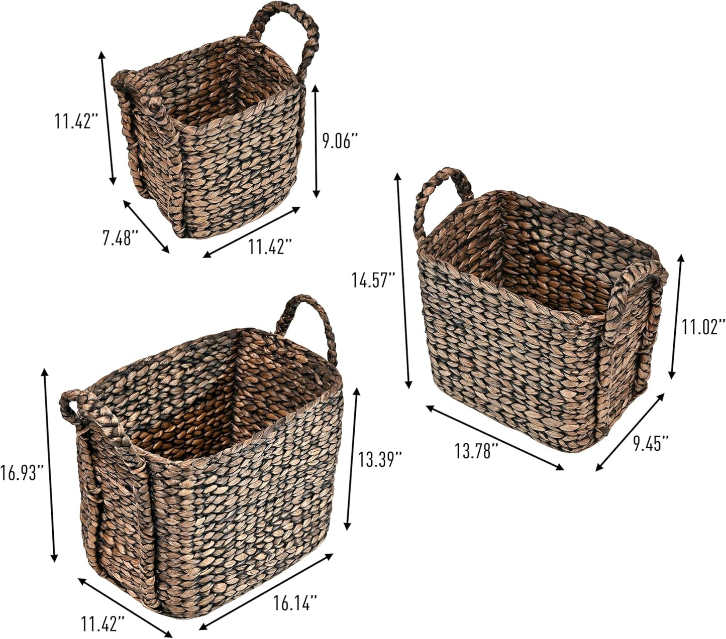 happimess BSK2001B-3SET Clara Farmhouse Classic Handwoven Hyacinth Rectangle Floor Wicker Storage Baskets with Handles, Brown (Set of 3), Seagrass Containers for Decoration in Living Room, Bedroom