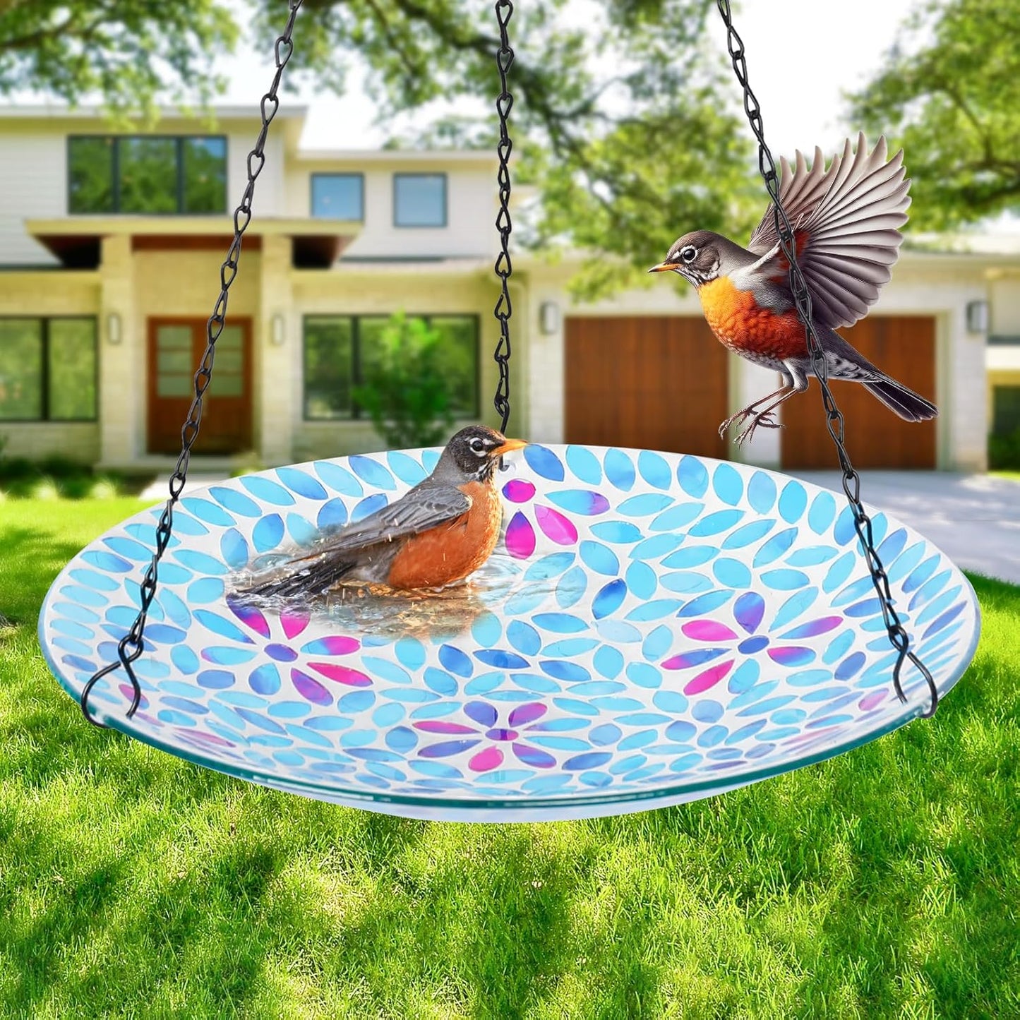 VCUTEKA Hanging Bird Bath, Glass Mosaic Bird Baths for Outdoors Birdfeeder with 21 inch Rust-Proof Chain for Garden Yard Decor, Flower