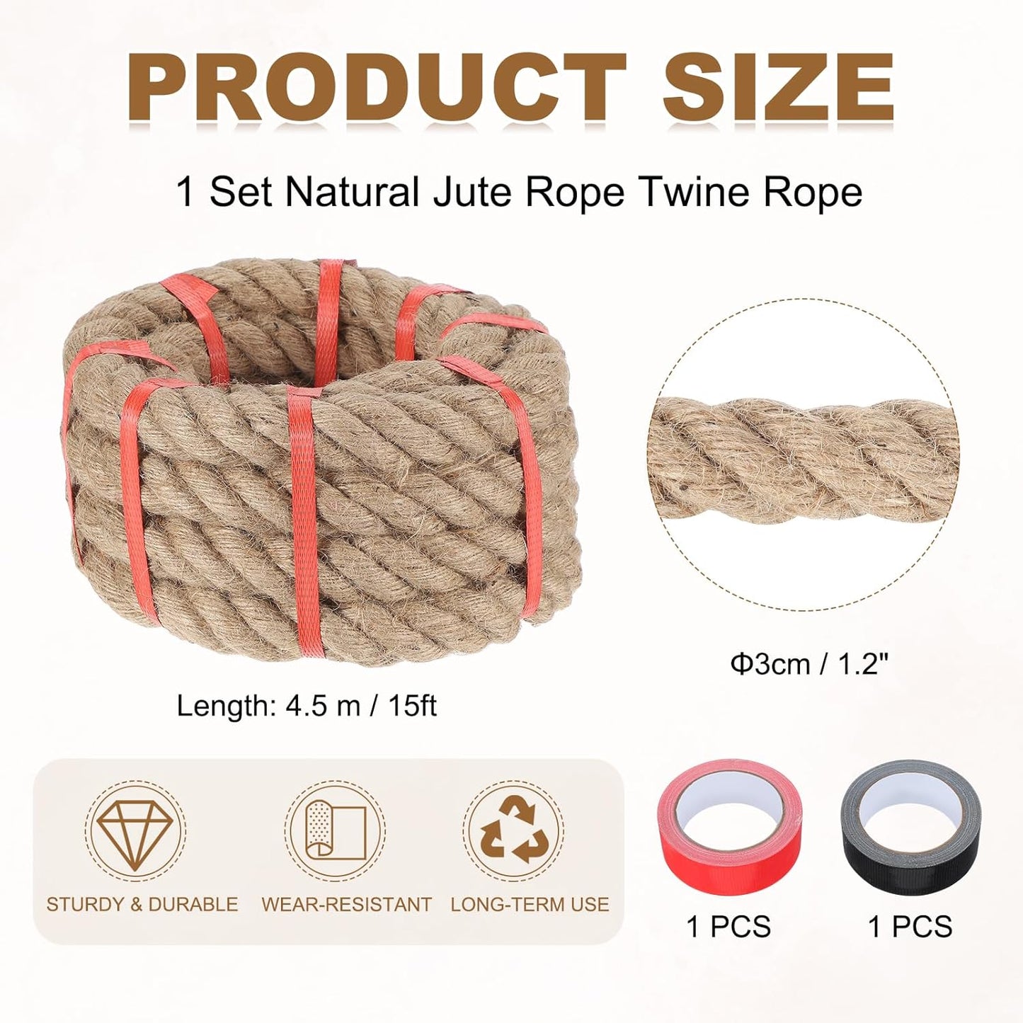 MECCANIXITY Jute Rope 1.2 Inch x 15ft, Thick Twine Rope Ropes Braided Jute Twine Natural Brown Burlap Cord String Heavy Twisted with Tapes for Decorative Crafts Railing Swing Tug of War