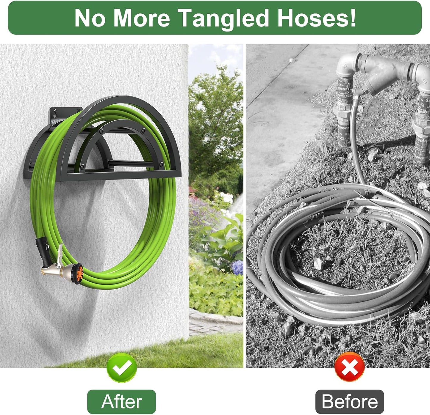 2 Pack Garden Hose Holder, Outdoor Hose Holder Wall Mounted Holds 125-ft Hose, Heavy Duty Metal Hose Hanger, Sturdy Detachable Hose Reel Storage Organizer, Hose Rack for Outside Garden Lawn Yard Farm