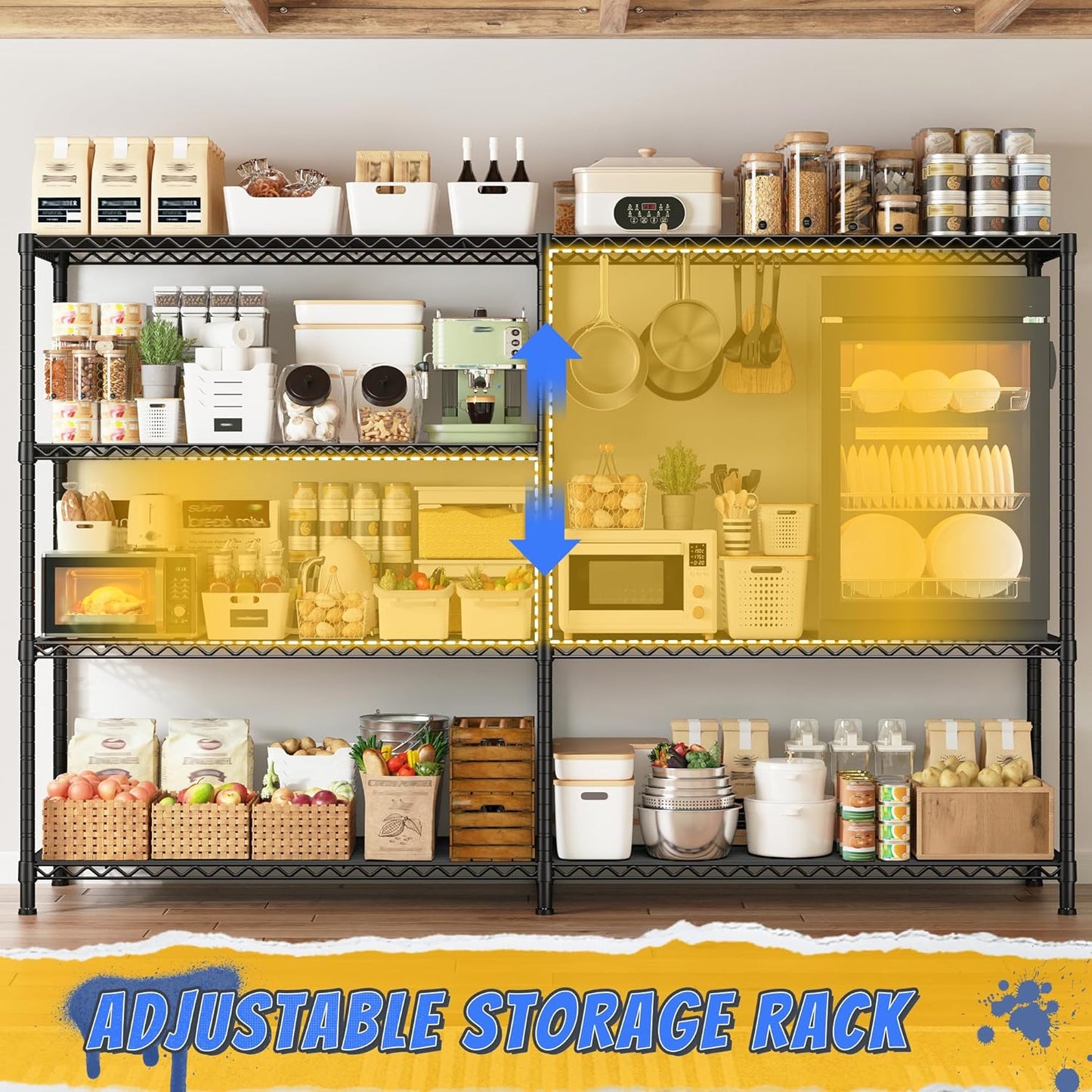 REIBII 72.8" W Storage Shelves Load 1500LBS, 4 Tier Metal Shelving Unit Wire Shelving for Storage Rack Heavy Duty Metal Shelves for Garage Pantry Kitchen, 17.7" D x 72.8" W x 59" H