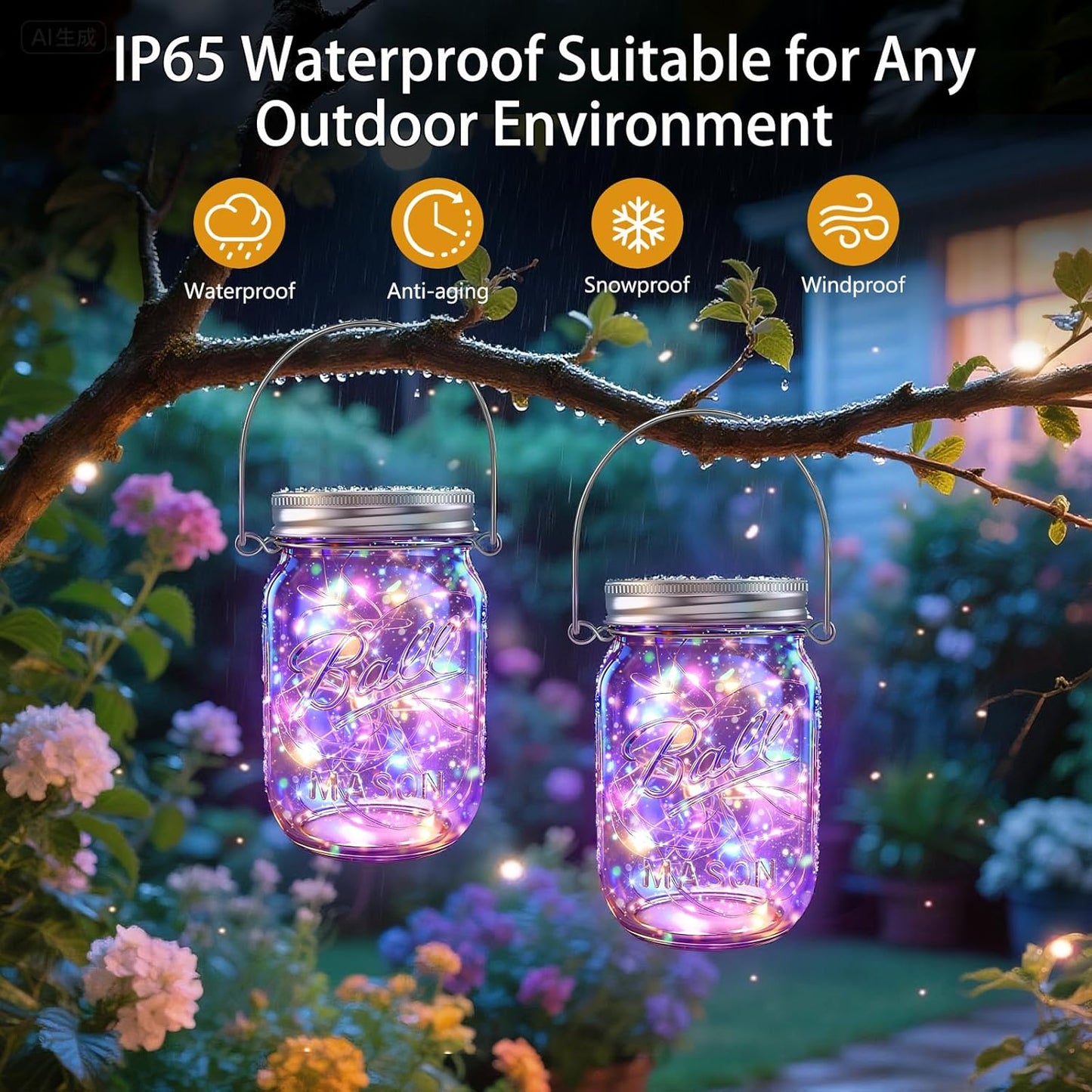 Solar Mason Jar Lights [Upgraded], 12 Pack 30 LED Firefly Fairy String Lights, Waterproof Outdoor Solar Mason Jar Lid Lights with Hangers(NO JARS) for Patio Garden Yard Wedding Decoration - Multicolor