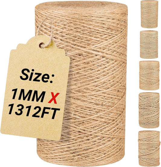 Natural Jute Twine String,Bulk Jute Rope Cord Twine for Crafting Gardening,Roll of Thick and Thin Twine for Gift Wrapping,Brown Decorative Rope,Ornament Twine for Cat Scratch Post (1mm x 1312ft)