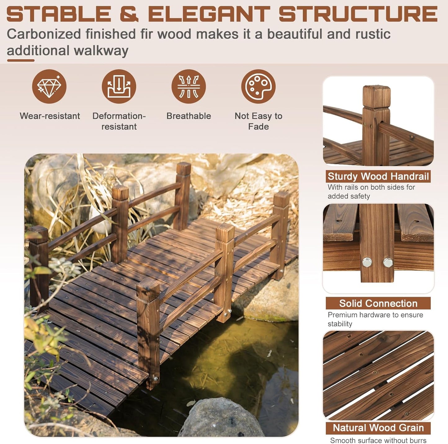 HOMEDIARY Fir Wood Garden Bridge, Outdoor Stained Finish Arc Footbridge Walkway with Double Safety Railings, Decorative Pond Bridge Landscaping for Backyard Farm Garden Creek Pond Decor, Carbonized