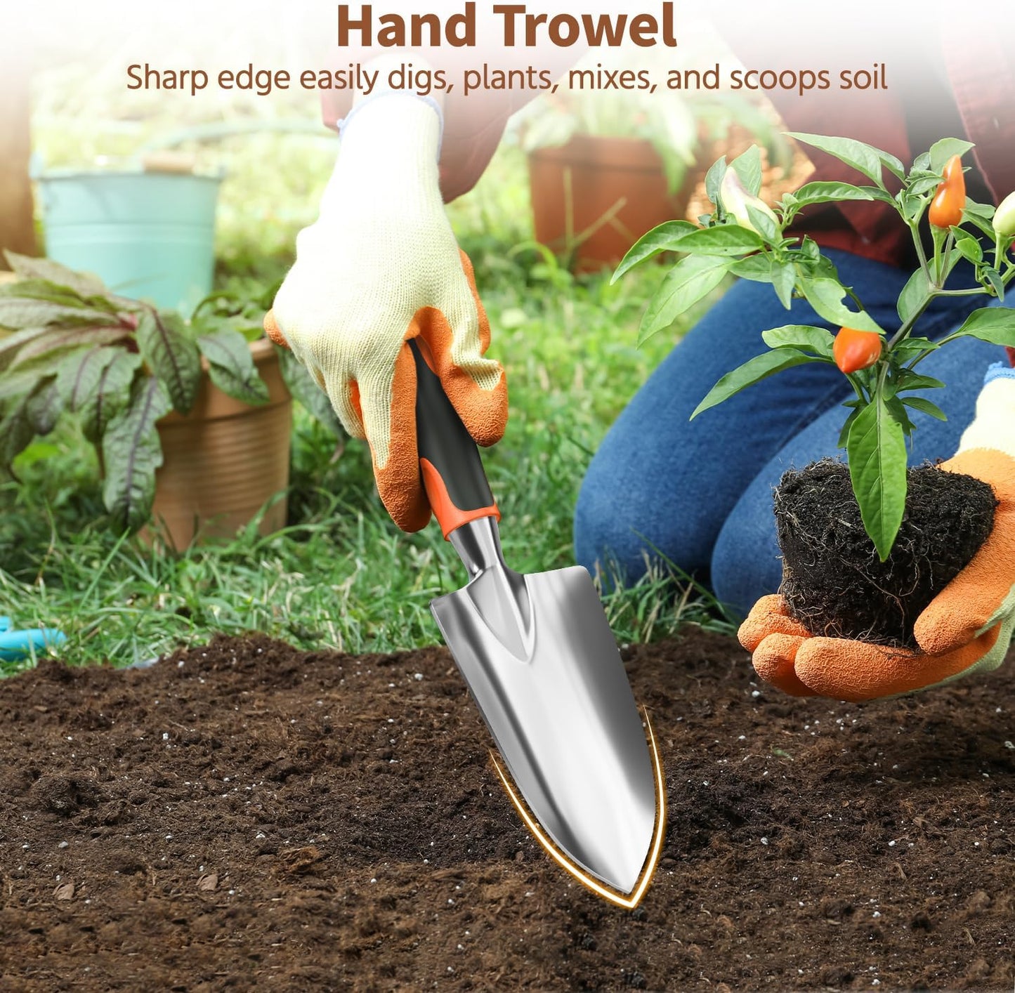 LASZOLA 3 Piece Garden Tool Set Include Hand Trowel Rake and Transplant Shovel for Women, Indoor Heavy Duty Small Spade Kit with Ergonomic Handle to Weed and Loosen, for Mom and Plant Beginner, Orange