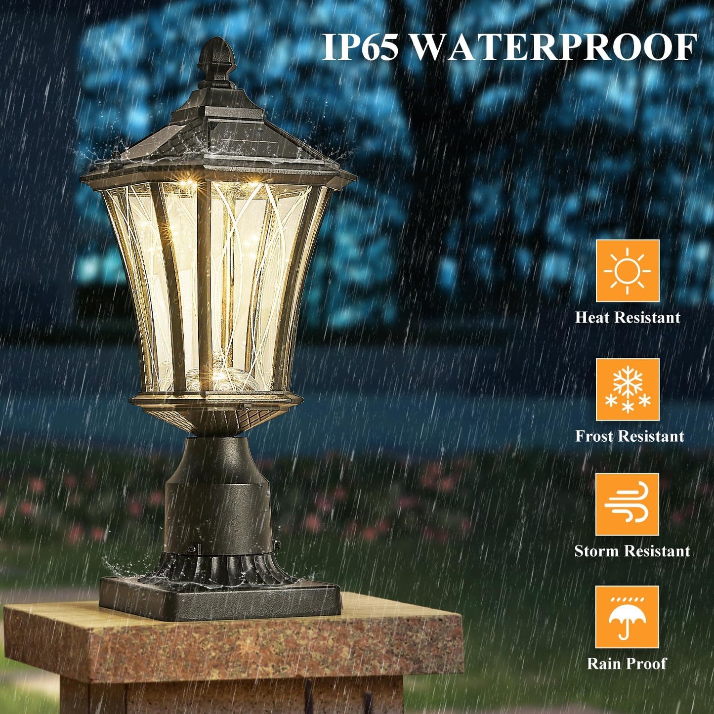 2 Pack Solar Lamp Post Lights with Pier Mount Base, Dusk to Dawn Outdoor Pillar Lights with Patterned Glass, Waterproof Exterior Pole Lamps Head for Driveway, Patio, Garden, Black