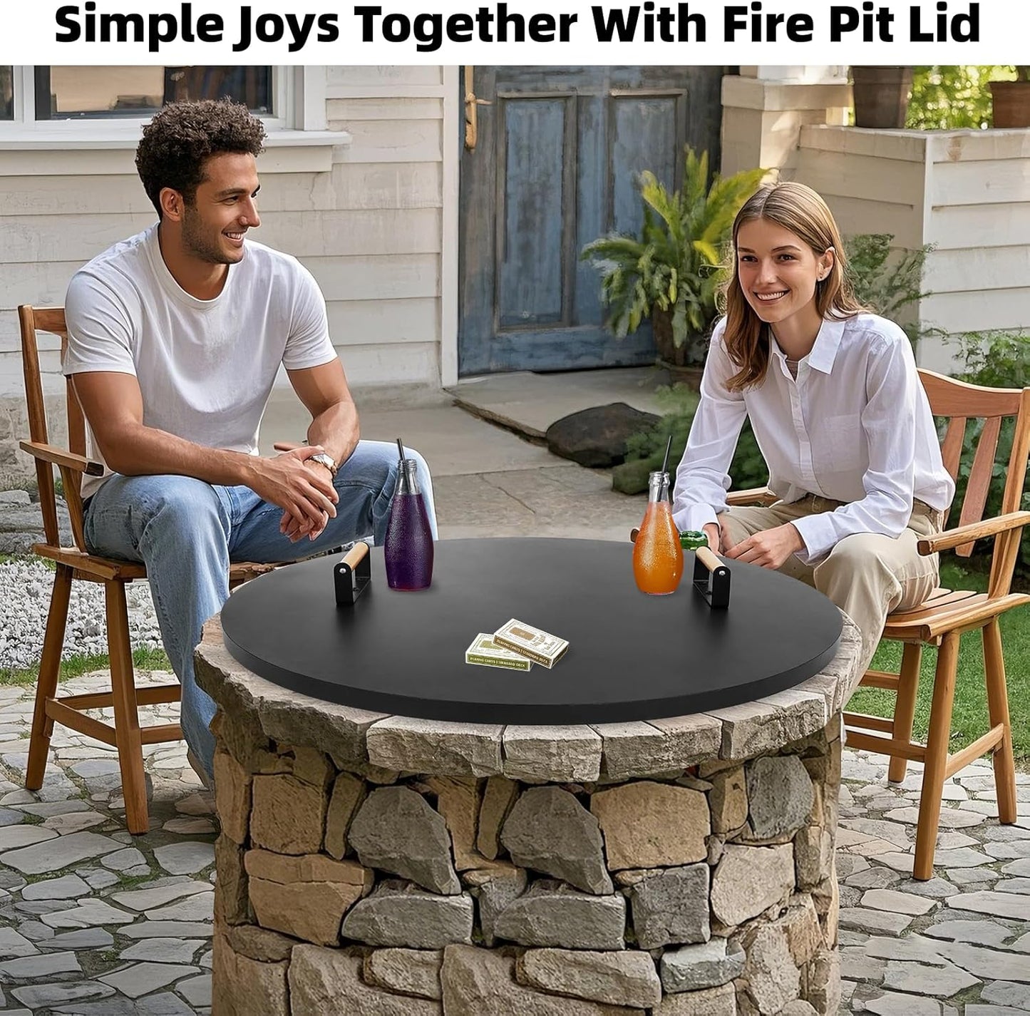 1MORE Fire Pit Lid Round 36" - Metal Firepits Cover with Wooden Handles for Patio Firepits,Rust Resistant 1.5mm Fire Pits Metal Lid, Firepits Accessory, Fire Pits Cover Round, All-season Protective