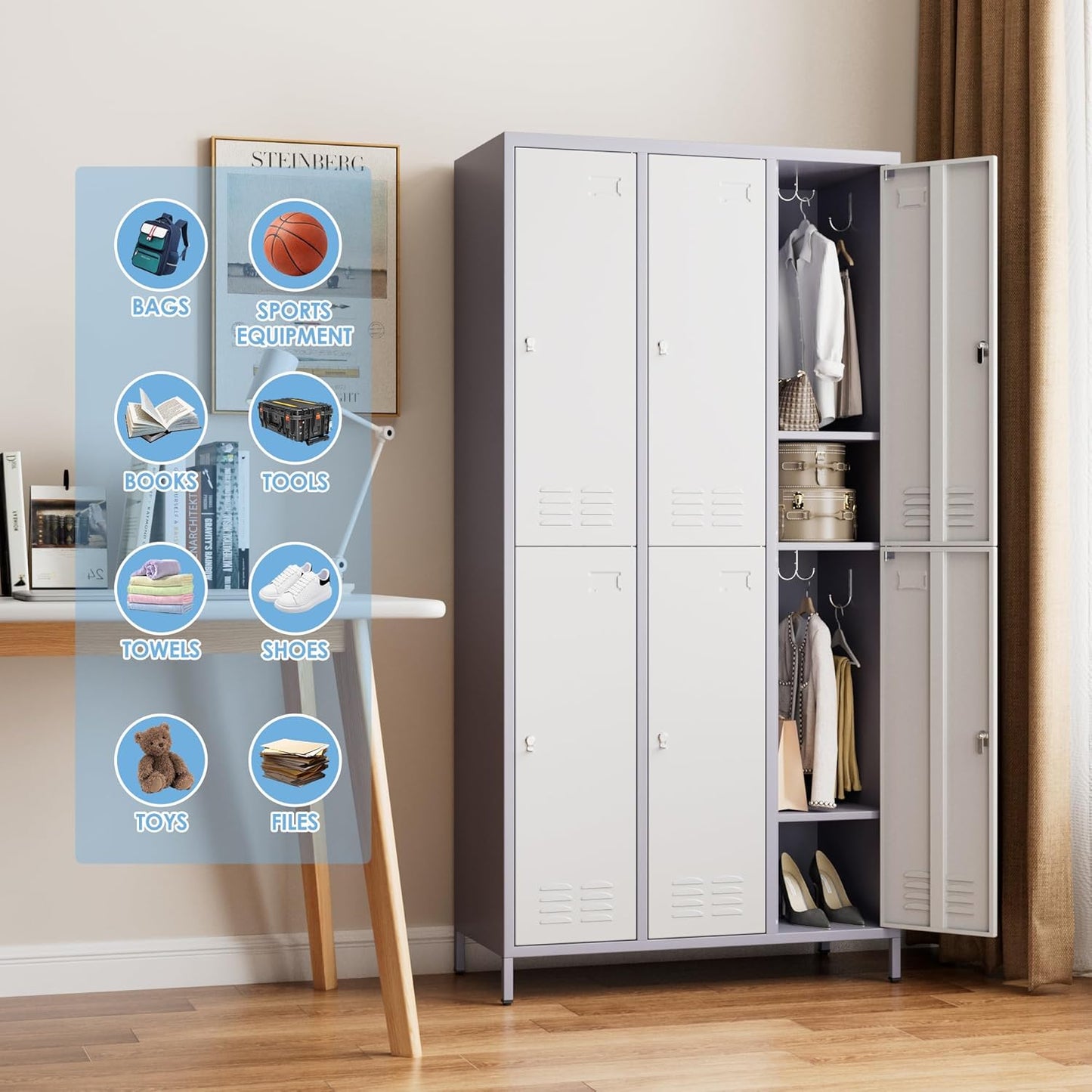 72" H×15.75" D×35.43" W Metal Storage Lockers for Employees with 6 Doors, Employee Lockers with 18 Hooks, Business Card Holder for Offices School Gyms Home,Assembly Required,Grey and White