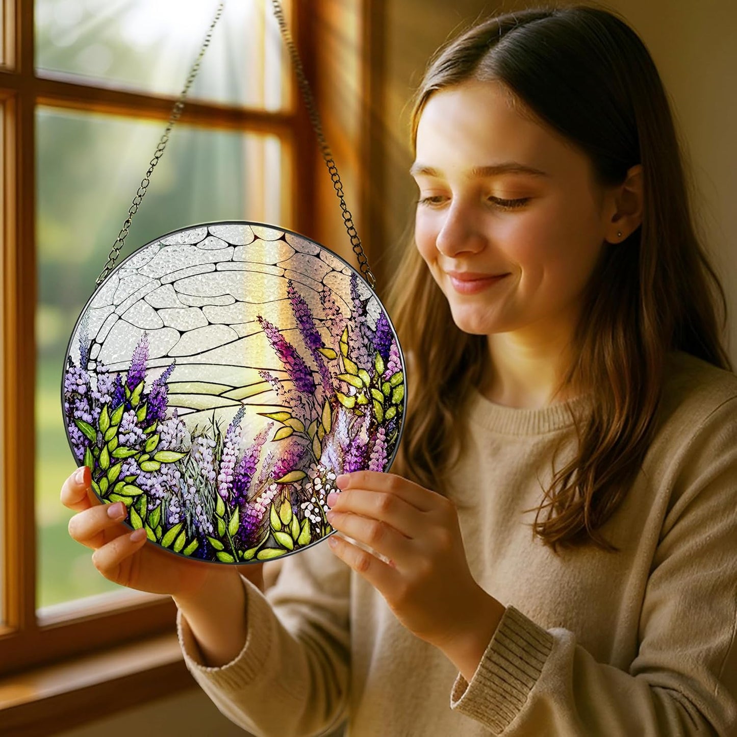 Lavender Flower Stained Glass Suncatcher, Stained Glass Window Hanging, 8 Inch Green Plants Suncatcher Decor for Birthday for Women, Wife, Lovers, Mom, Grandma, Gift Idea
