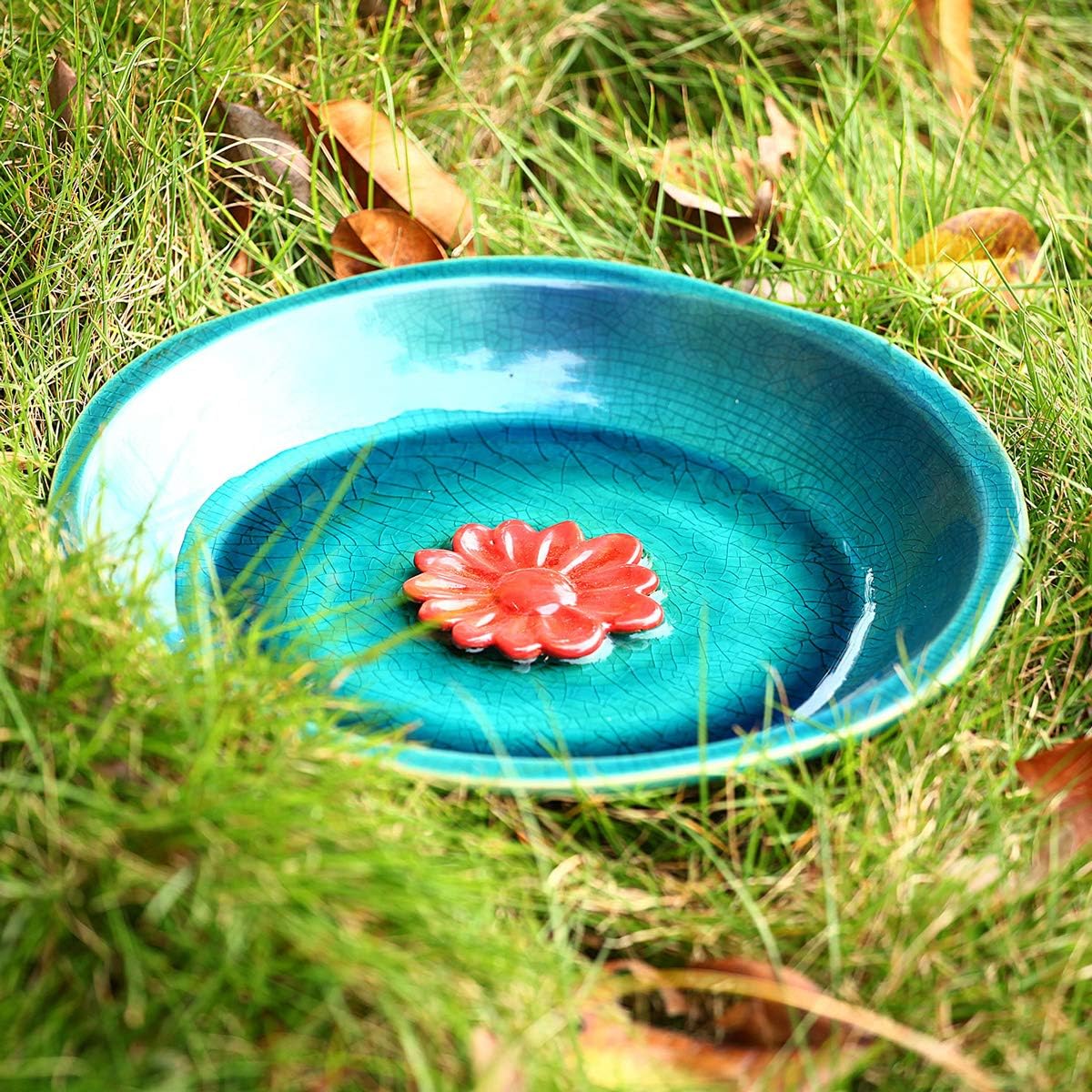 Topadorn Birdbath Ceramic Bowl Decor for Bee Bird Bath Outdoor Garden Vintage Yard,Blue with Red Flower