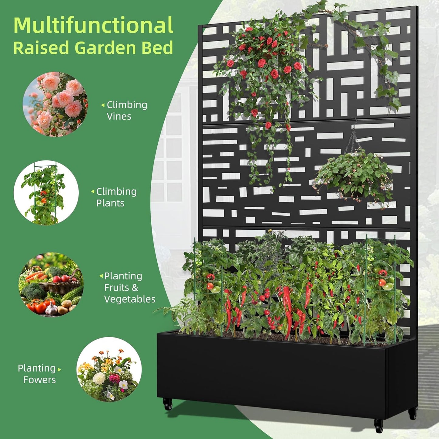 Casaphoria Metal Raised Garden Bed with Trellis and Wheels, 72"x47"x16" Planter Box for Climbing Plants, Vegetables & Vines, Features Drainage Holes and Privacy Screen, Black(Helen&Gerald)
