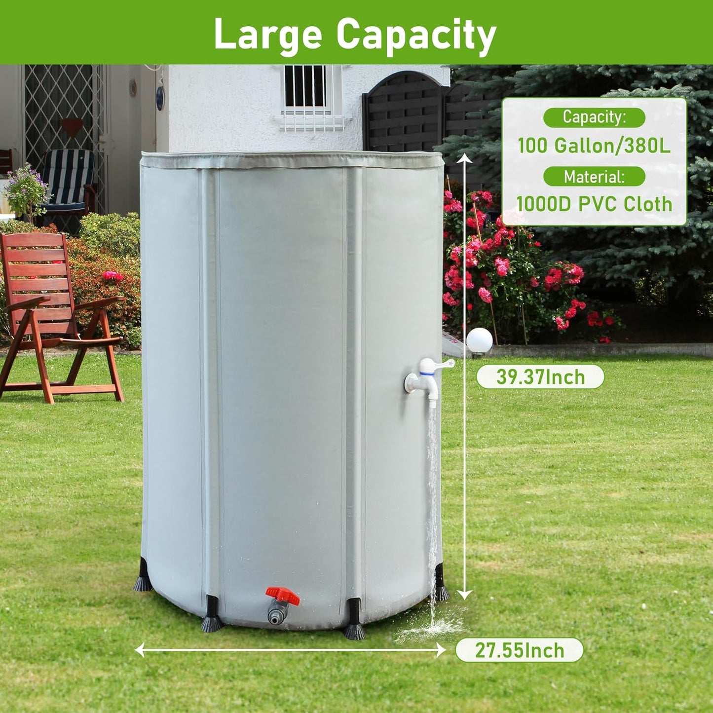 lukar 100 Gallon Collapsible Rain Water Collection Barrel, Foldable Rain Barrel to Collect Rainwater, Portable Rainwater Collection System with Filter, Spigot, Overflow, Teflon Tape, Fixed Ring