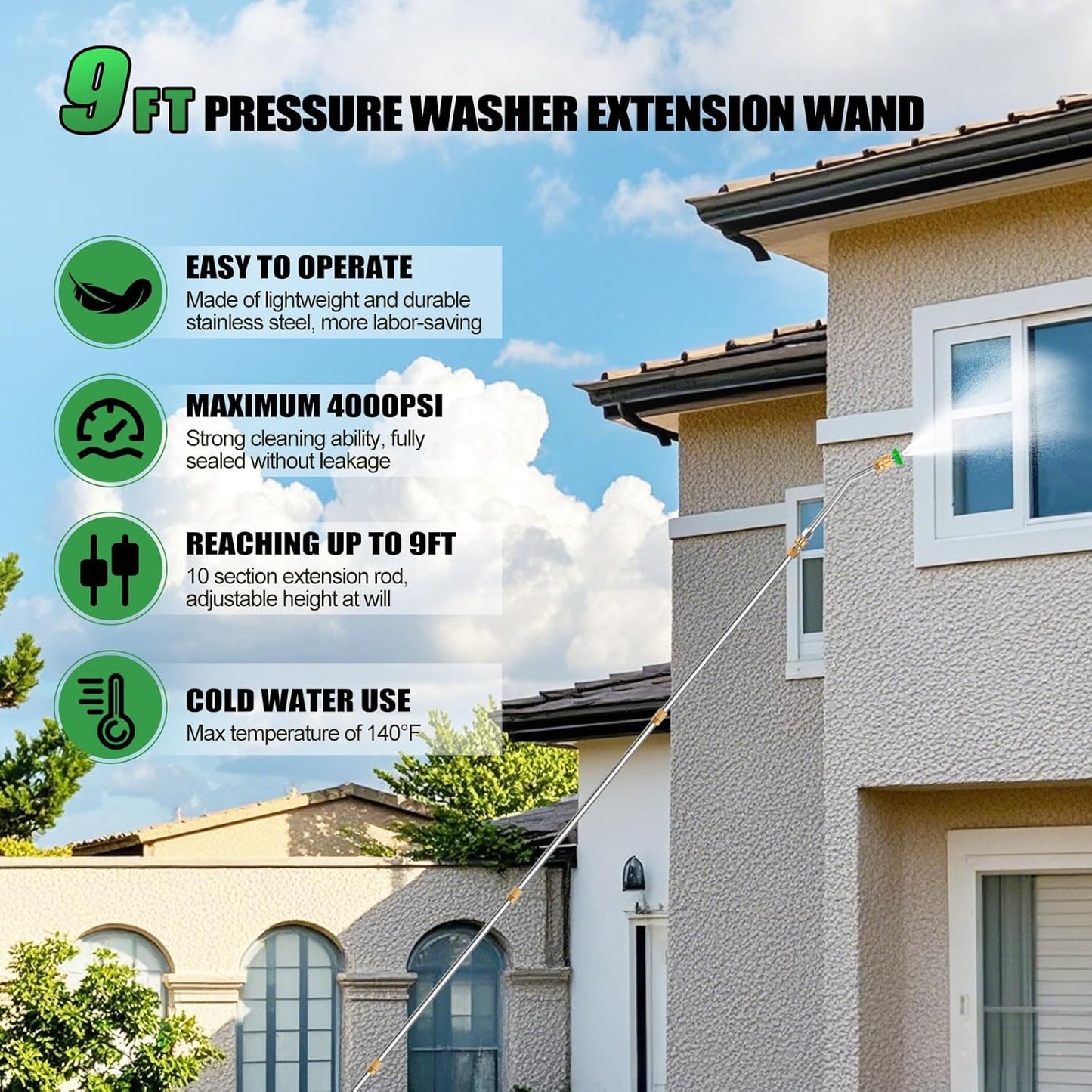 Gutter Cleaning Tools From the Ground, 10 Pack 9 FT Pressure Washer Extension Wand, Power Washer Lance With 6 Pressure Washer Spray Nozzle Tips, 30°, 90°, 120° Gutter Cleaner Curved Rod, 4000 PSI
