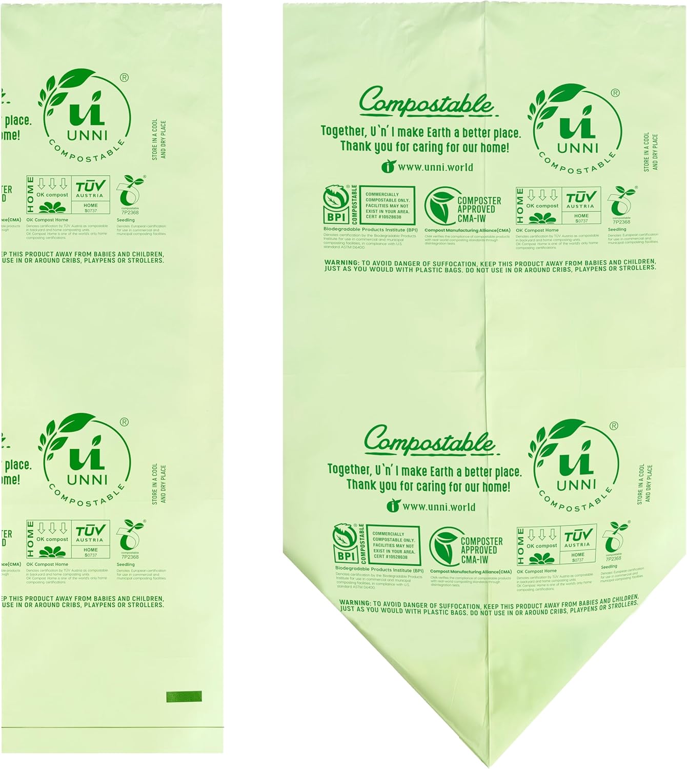 UNNI Compostable Trash Bags, 4 Gallon / 15 Liter, 100 Count, Extra Thick 0.75 mil Small Kitchen Food Scrap Bin Liners, Certified by BPI, CMA & OK compost HOME, Meets the ASTM D6400 Standard