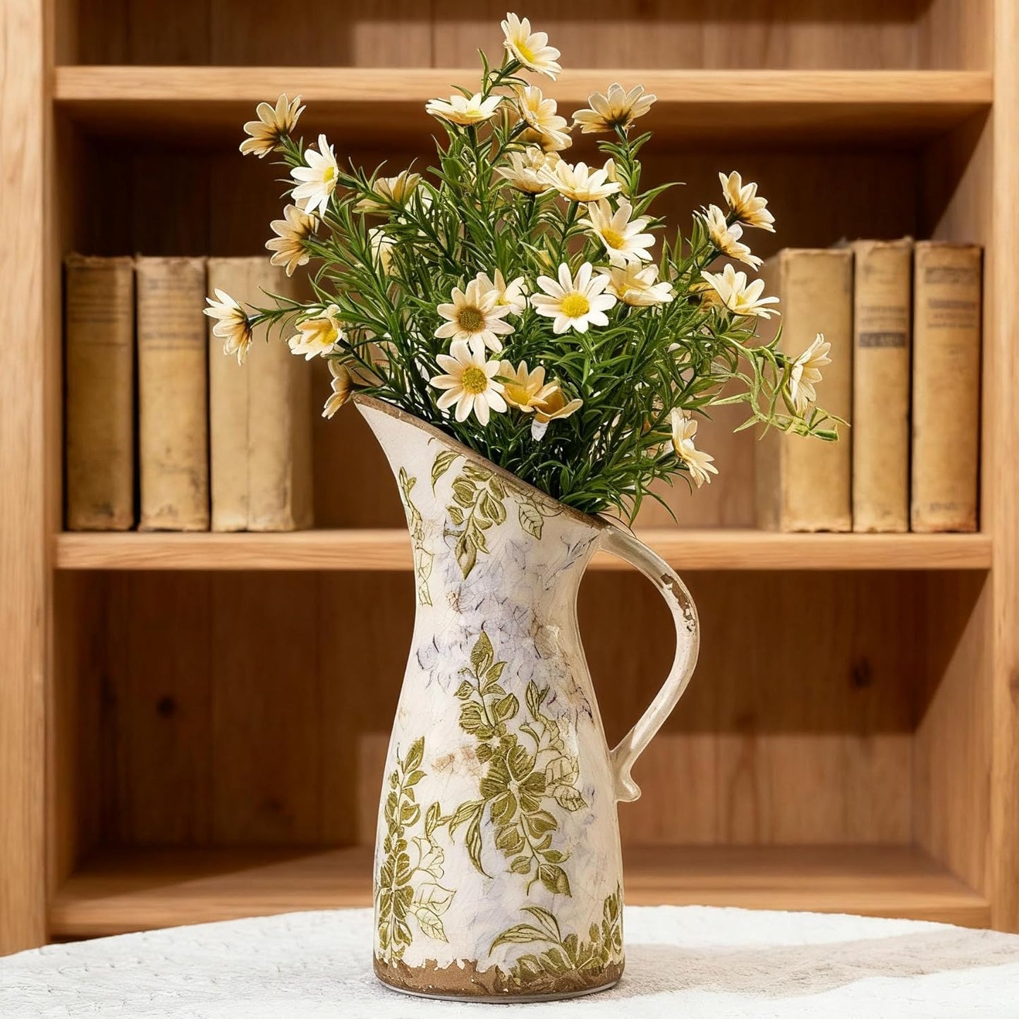 Vintage Ceramic Pitcher Vase with Handle, Farmhouse Green and Purple Large Floral Vases, French Country Decorative Vase, Rustic Table Centerpiece for Home Decor, Bookshelf, Office 10.5 Inch