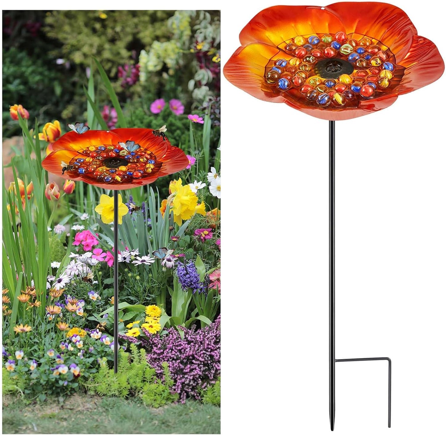 Tandefio Vivid Flower Bee Watering Station Metal Butterfly Water Feeder Cup with 30 Colorful Glass Marbles Bee Feeder Butterfly Bath Bowl for Garden Outdoor Yard Decors(Golden Brown,Flower)