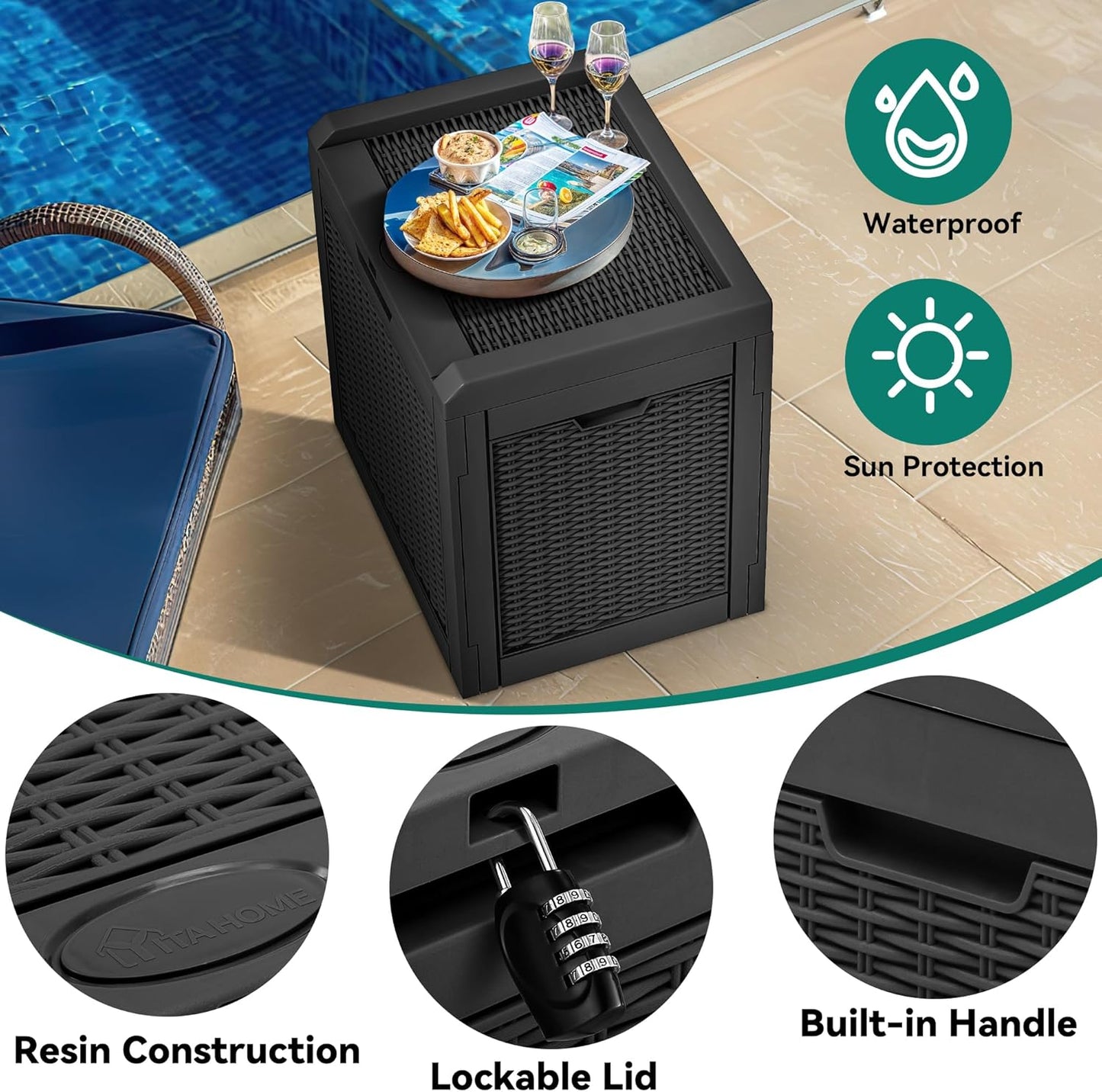 YITAHOME 32 Gallon Outdoor Storage Box, Water Resistant Resin Deck Box, Indoor Outdoor Lockable Storage Container for Patio, Garden, Cushions, Tools, Equipment (Black)