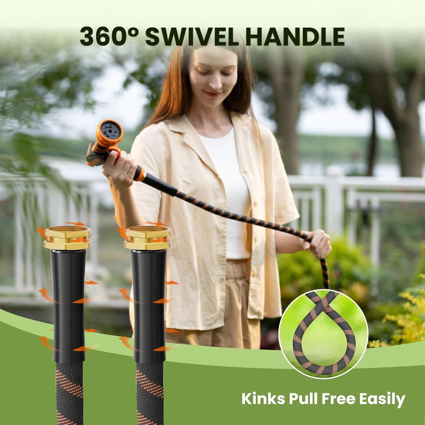 Giraffe Tools Garden Hose 25FT 1/2” Non-Expandable Lightweight Flexible Water Hoses Burst 600 psi with 9 Spray Function Nozzle Heavy Duty Hose