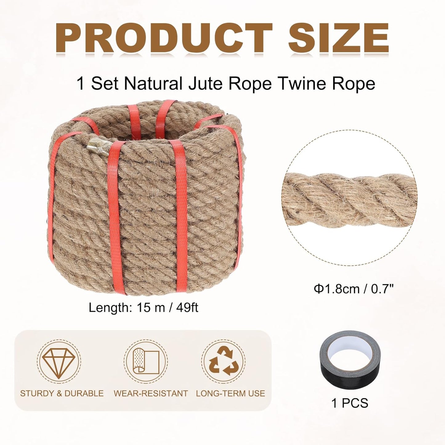 MECCANIXITY Jute Rope 0.7 Inch x 49ft, Thick Twine Rope Ropes Braided Jute Twine Natural Brown Burlap Cord String Heavy Twisted with Tape for Decorative Crafts Railing Swing Tug of War