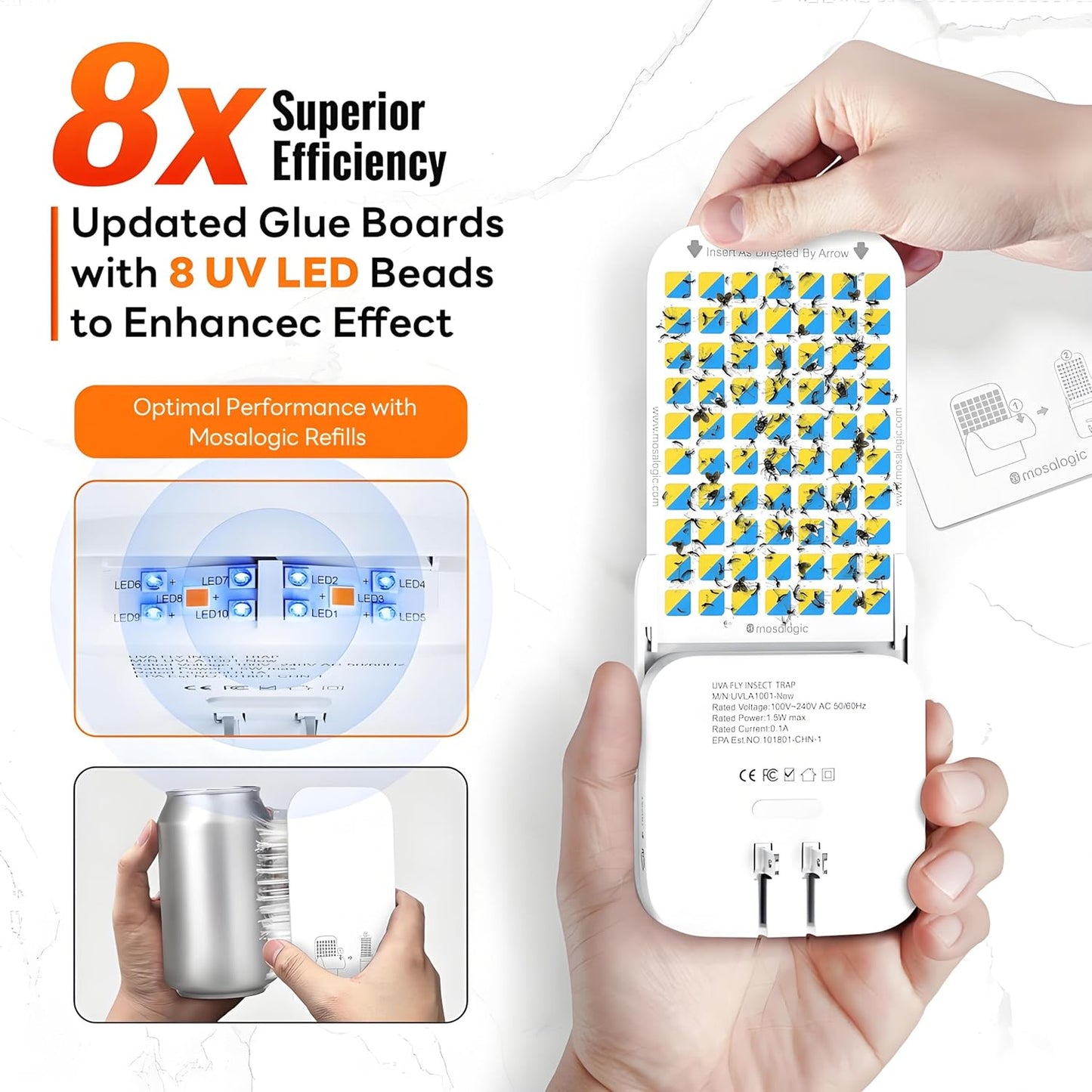 Mosalogic Fruit Fly Traps for Indoors Gnat Trap for House Indoor- 600 Sqft Protection Area UV Fly Insect Trapper for Fruit Flies，Gnat，Mosquito，and Other Flying Insect Plug in Bug Killer White