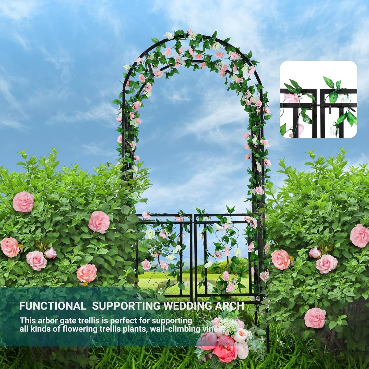 Heavy-Duty Arch with Gate, Iron Arbor Trellis Arbor Archway for Climbing Plants Roses Vines Support Rack, Outdoor Lawn Backyard Patio Wedding Party Ceremony Decoration
