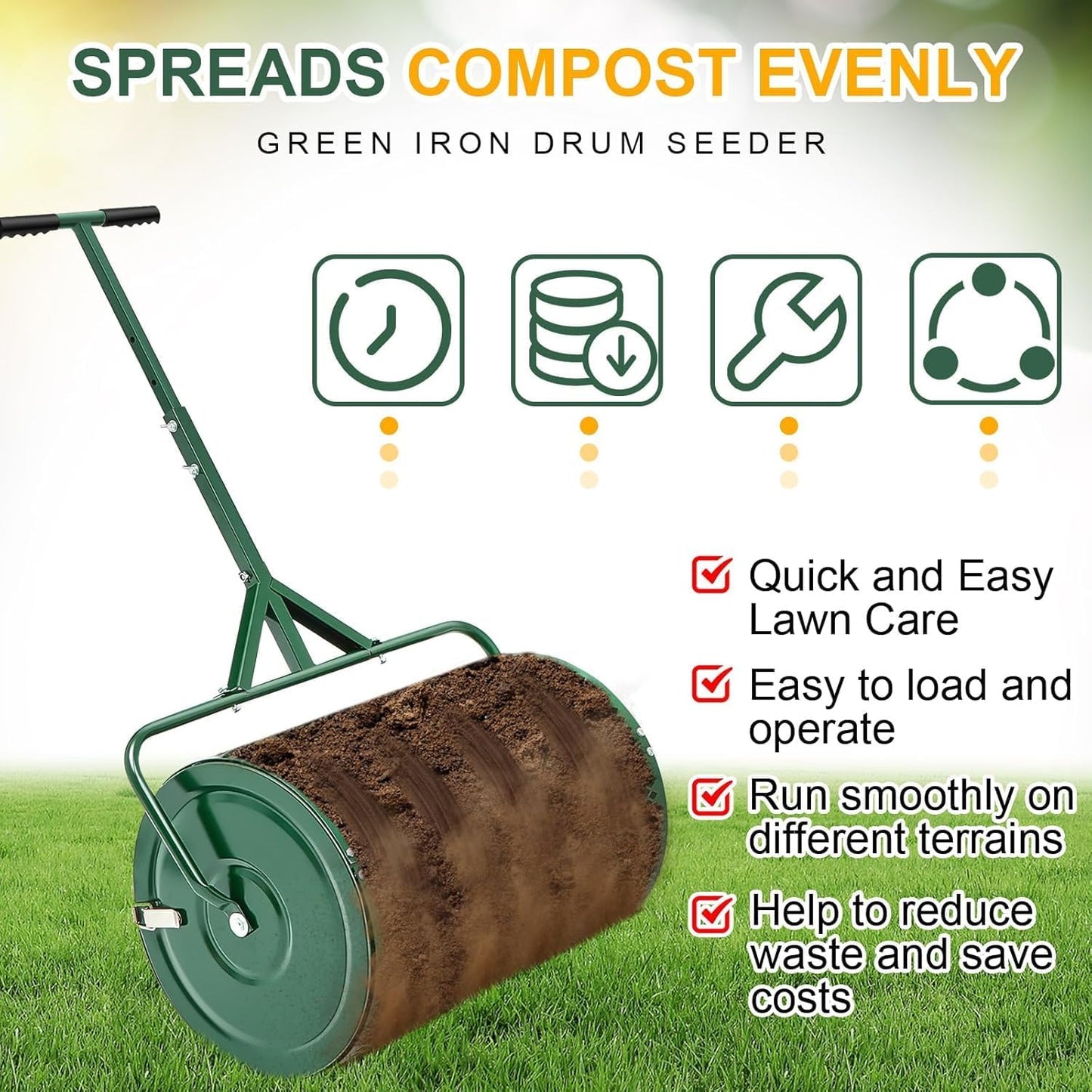 Compost Spreader, Durable Lawn Roller, Manure Spreader with Upgrade T Shaped Handle,Top Soil Spreader for Lawn and Garden Care Manure Spreaders Roller (12.5 Inch-T-Green-S)