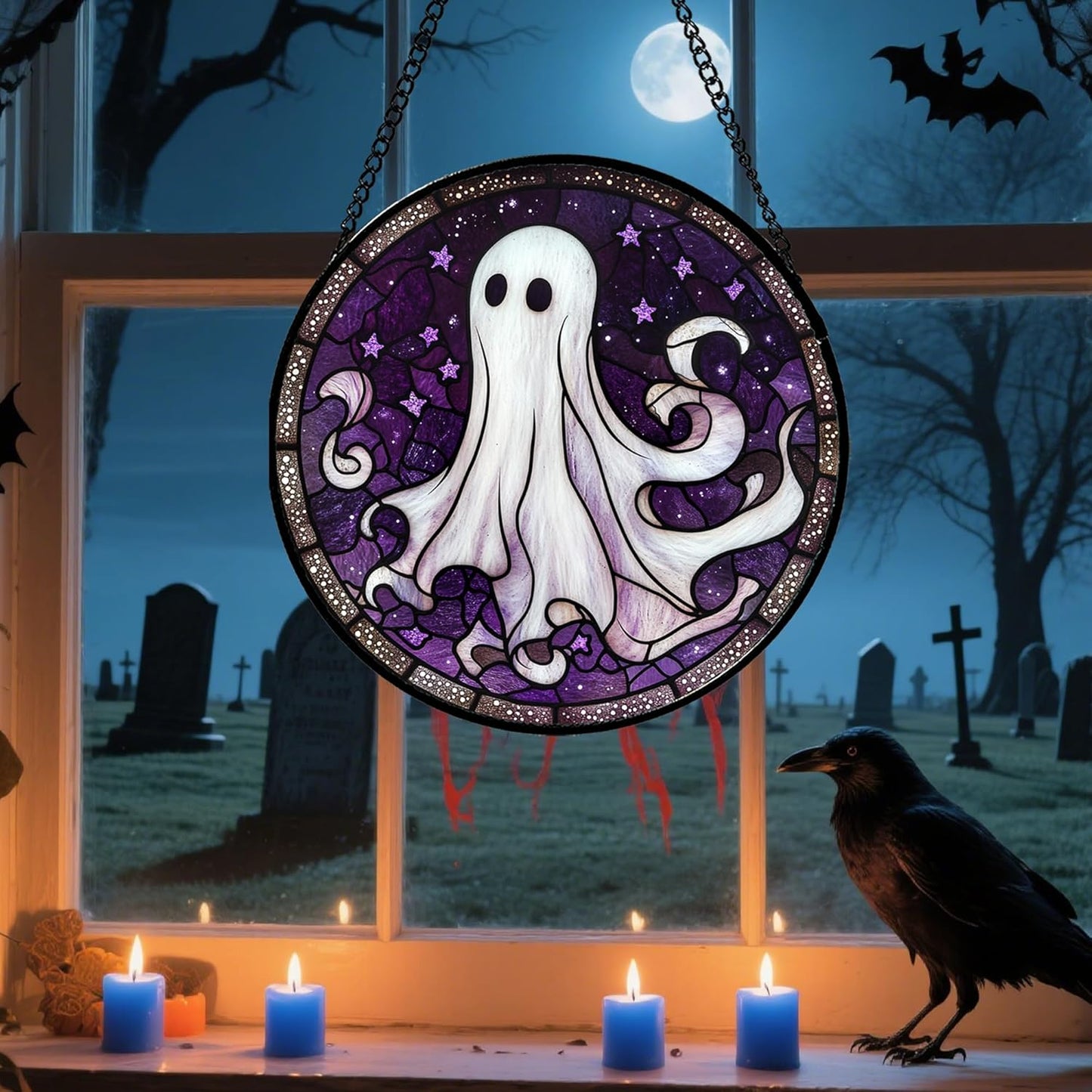 Stained Glass Window Hanging - Halloween Decorations White Ghost Purple Stars Suncatcher for Doors Garden Spooky Funny Sun Catchers Gothic Decor Horror Gifts for Women Men Friend 15 in