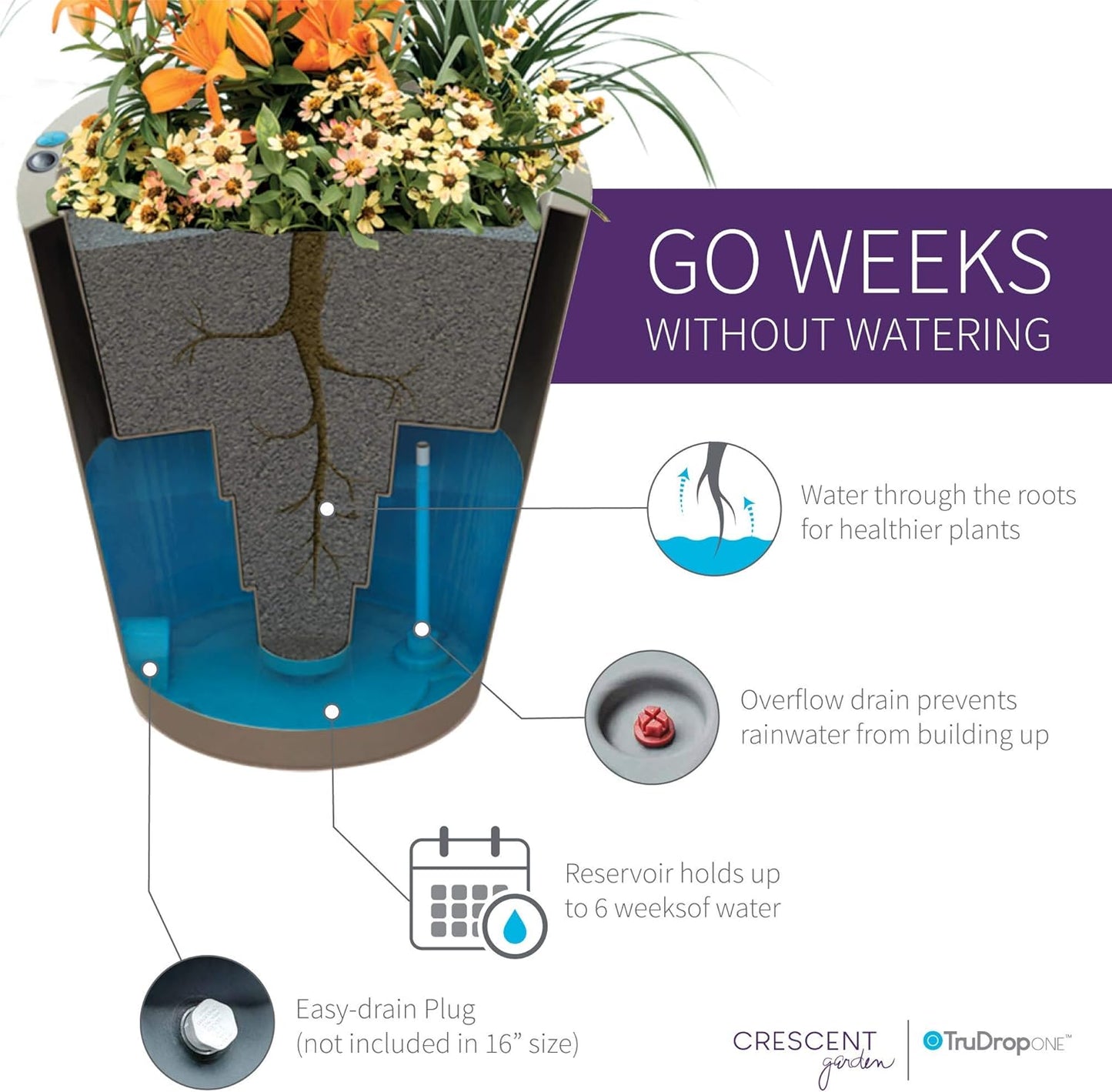 Crescent Garden Dot TruDrop Indoor/Outdoor Planter, Self-Watering Plant Pot, 26 Inches, (Mocha)