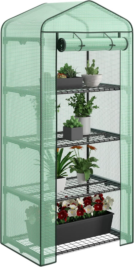 4 Tier Mini Greenhouse Indoor Outdoor with PE Cover and Roll-Up Zipper Door, Portable Waterproof Cloth Greenhouse Tent Grow Seeds & Seedlings, 2.3x1.5x5.3 FT