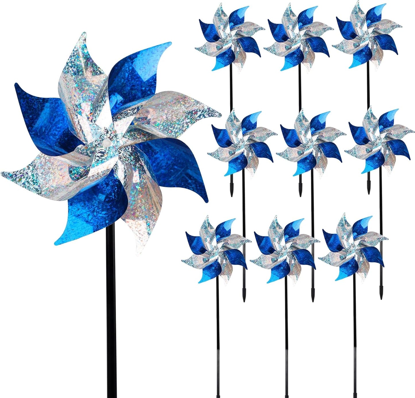 Hausse 10 Pack Reflective Pinwheels, Extra Sparkly Pinwheel, Bird Repellent Devices Deterrent to Scare Birds Away from Yard Patio Farm, Blue & Silver