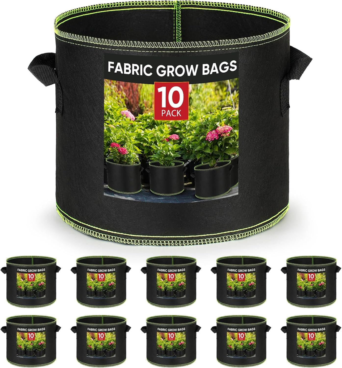 Grow Bags 10Pcs Heavy Duty 300G Fabric Pots for Plants,Thickened Nonwoven Garden Bags to Grow Vegetables,Large Nursery Pots,Tomato Grow Bags with Handles, Green Line Border (10 Gallons)