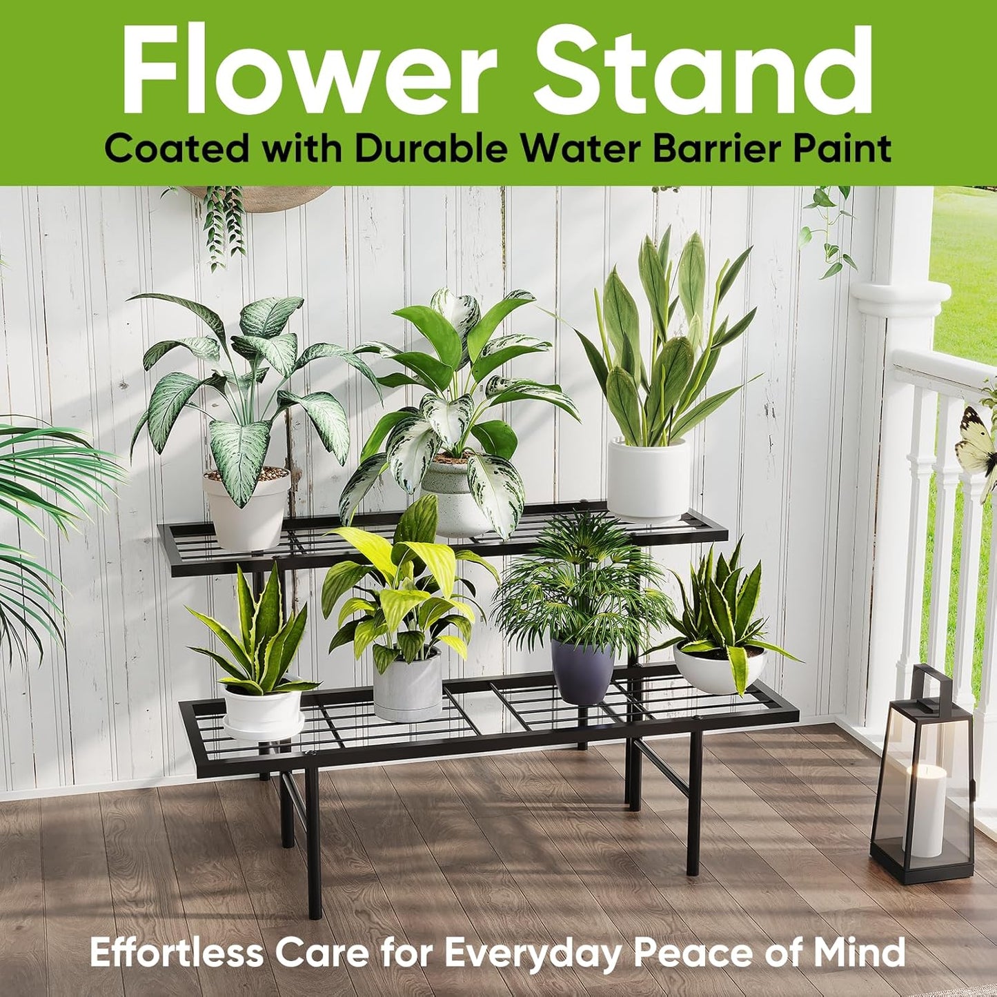 2-Tier Black Metal Ladder Plant Stand, Versatile for Indoors & Outdoors, Perfect as a Multi-Plant Display Rack for Windowsills, Patios, Balconies