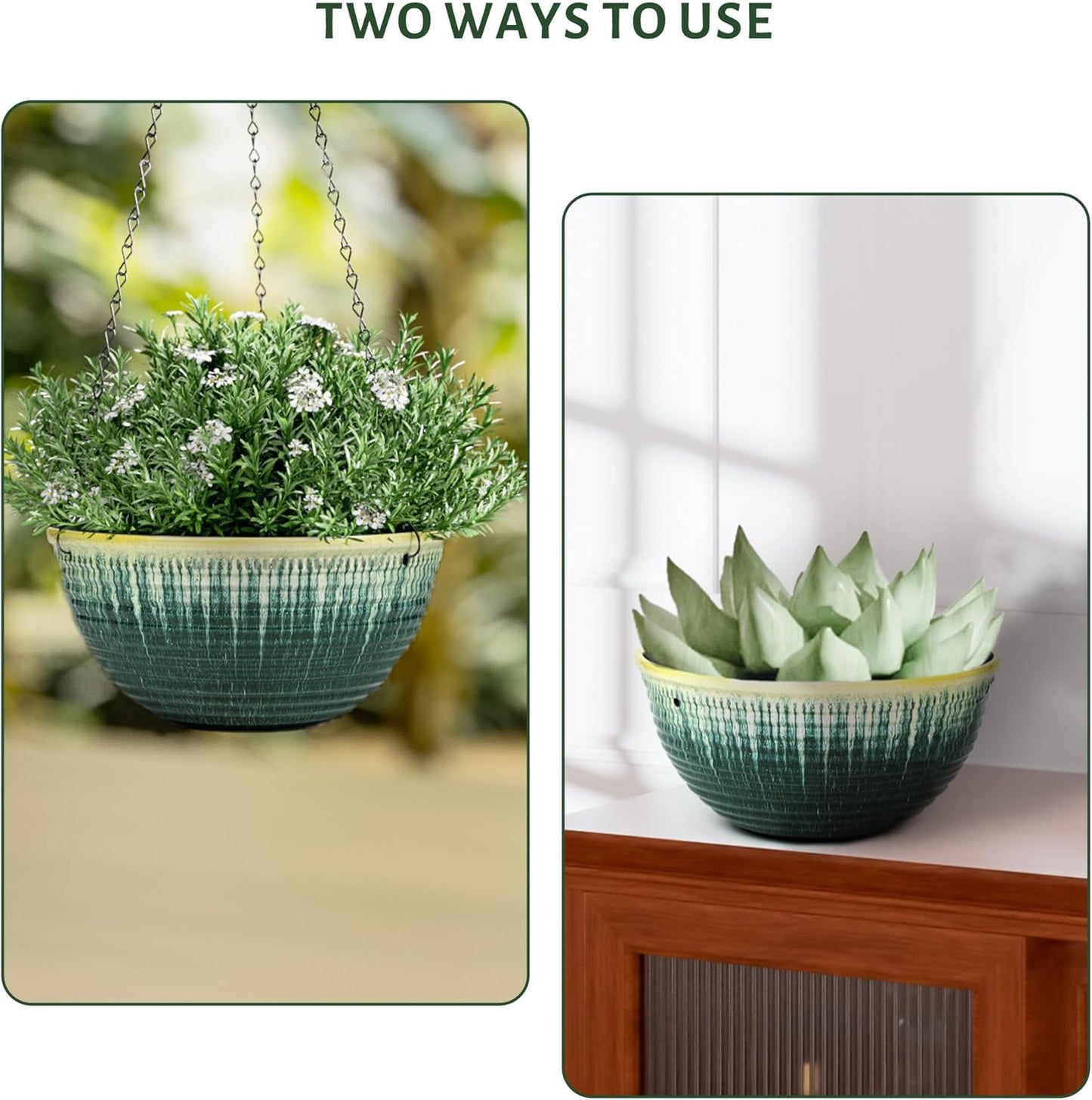 10in Hanging Planters for Indoor and Outdoor Plants, 2 Pack Hanging Planter with Drainage Hole, Round Hanging Flower Pots for Garden Home Decor (Green Glaze)