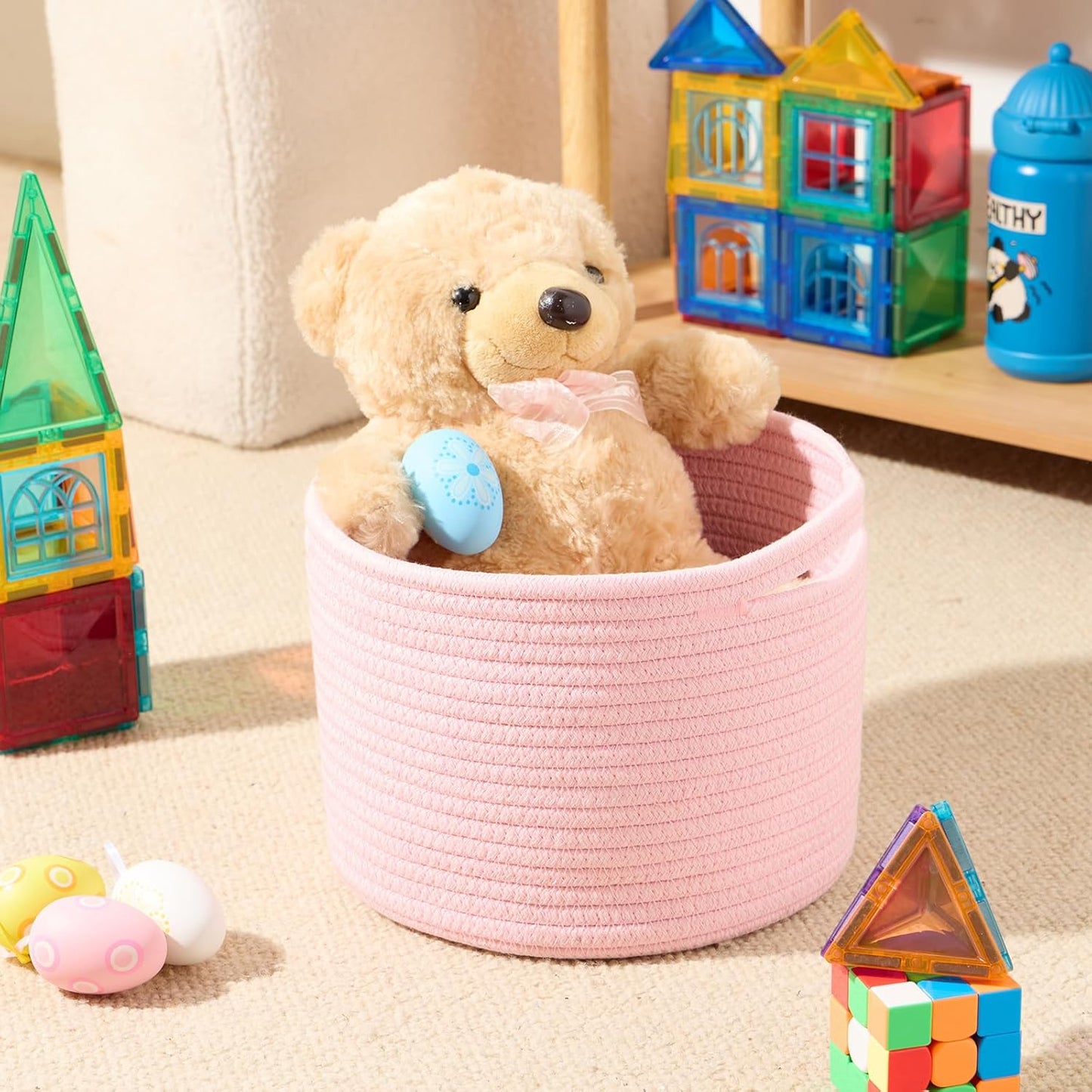 Small Basket for Organizing | Cube Shelf Closet Storage Baskets | 9.7×9.7×7.1” | Woven Rope Gift Basket | Nursery | Round 3 Packs Light Pink