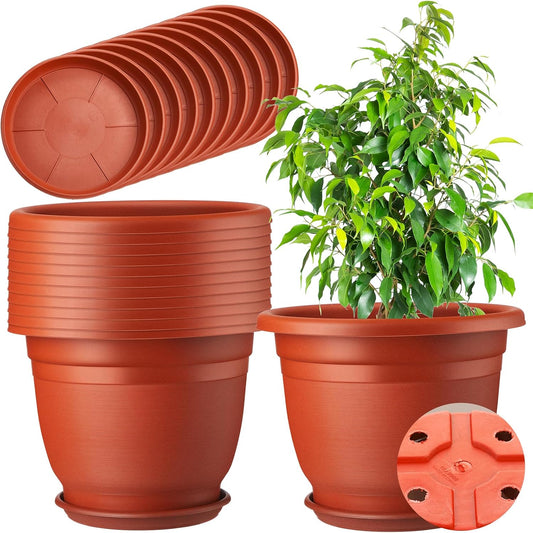 12 Pack 12'' Plastic Plant Pots Round Planter Pots with Saucer Tray Seedling Pots with Holes Seed Resin Plant Pot Starting Nursery Flower Container with Pallet for Garden Outdoor Indoor