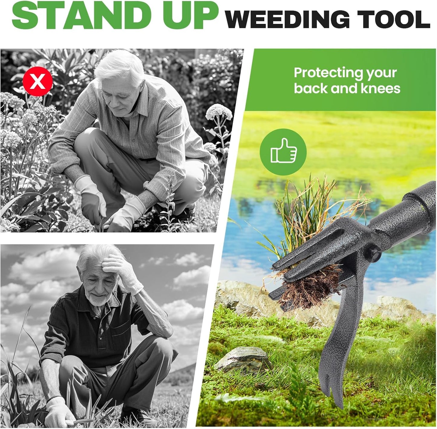 Weed Puller Tool Stand Up Weed Puller Tool with 3-Section Bamboo Handle & 4-Claw Steel Head Manual Weeder for Lawn and Garden (Bamboo)