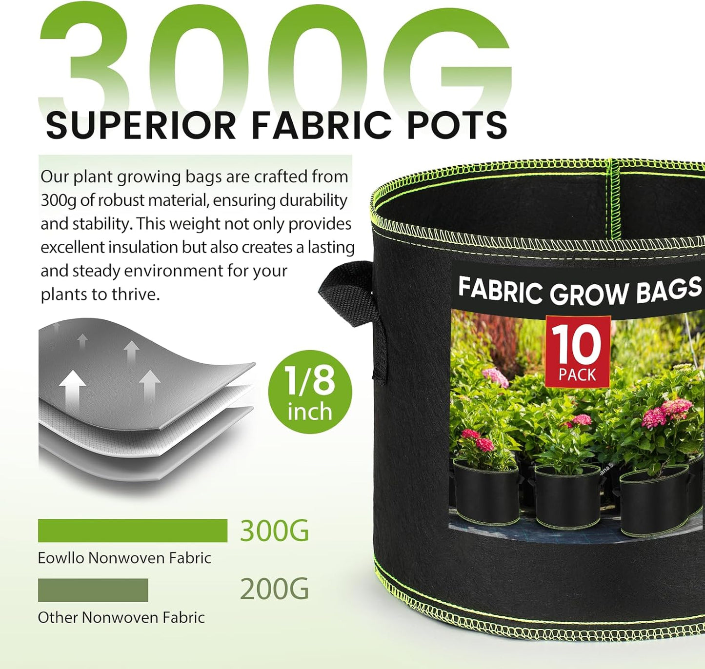 Grow Bags 10Pcs Heavy Duty 300G Fabric Pots for Plants,Thickened Nonwoven Garden Bags to Grow Vegetables,Large Nursery Pots,Tomato Grow Bags with Handles, Green Line Border (10 Gallons)