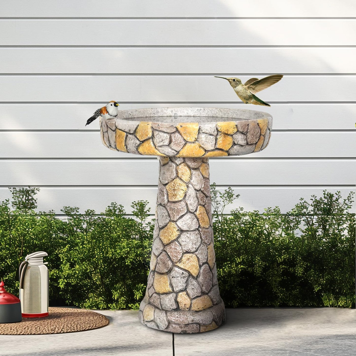 watnature Stone Like Outdoor Bird Bath - Concrete Freestanding Patio Birdbath with Pedestal for Garden, Patio, Yard, Lawn - 18.8”L X 18.8”W X 24”H Rustic Faux Stone Pedestal Outdoor Garden Birdbaths