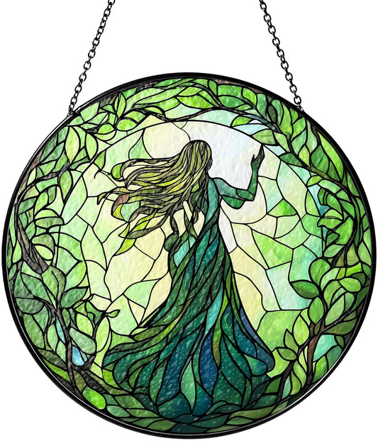 Green Witch Suncatcher Plant Witch Stained Glass Window Hanging Plant Lover Gifts for Women Wall Decor Handmade Sun Catcher Decoration for Garden Home Housewarming Gifts
