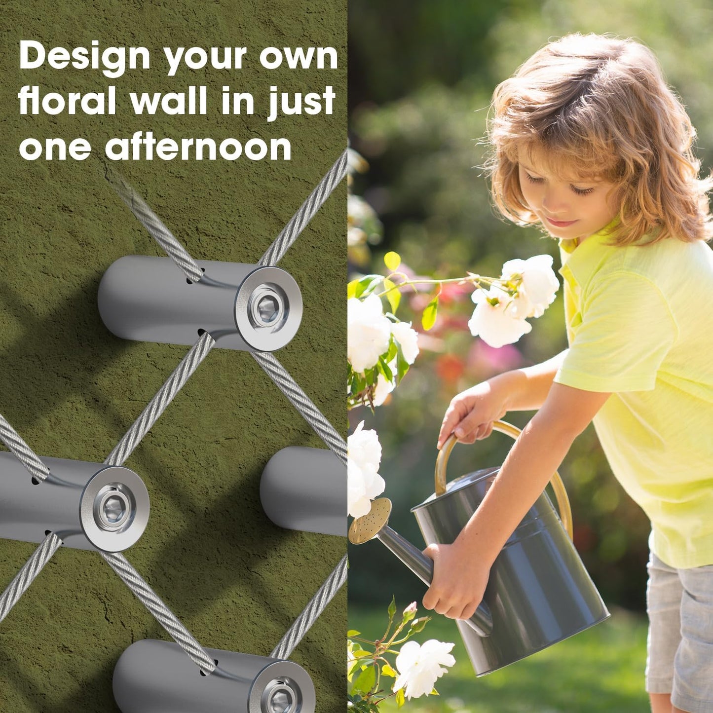 10 Sets Cylindrical Hubs Wall Trellis Kits, Wire Trellis for Climbing Plants Outdoor with 53Ft x 1/8" T316 Stainless Steel Rope, Garden Wire Trellis System for Espalier & Vertical Gardening