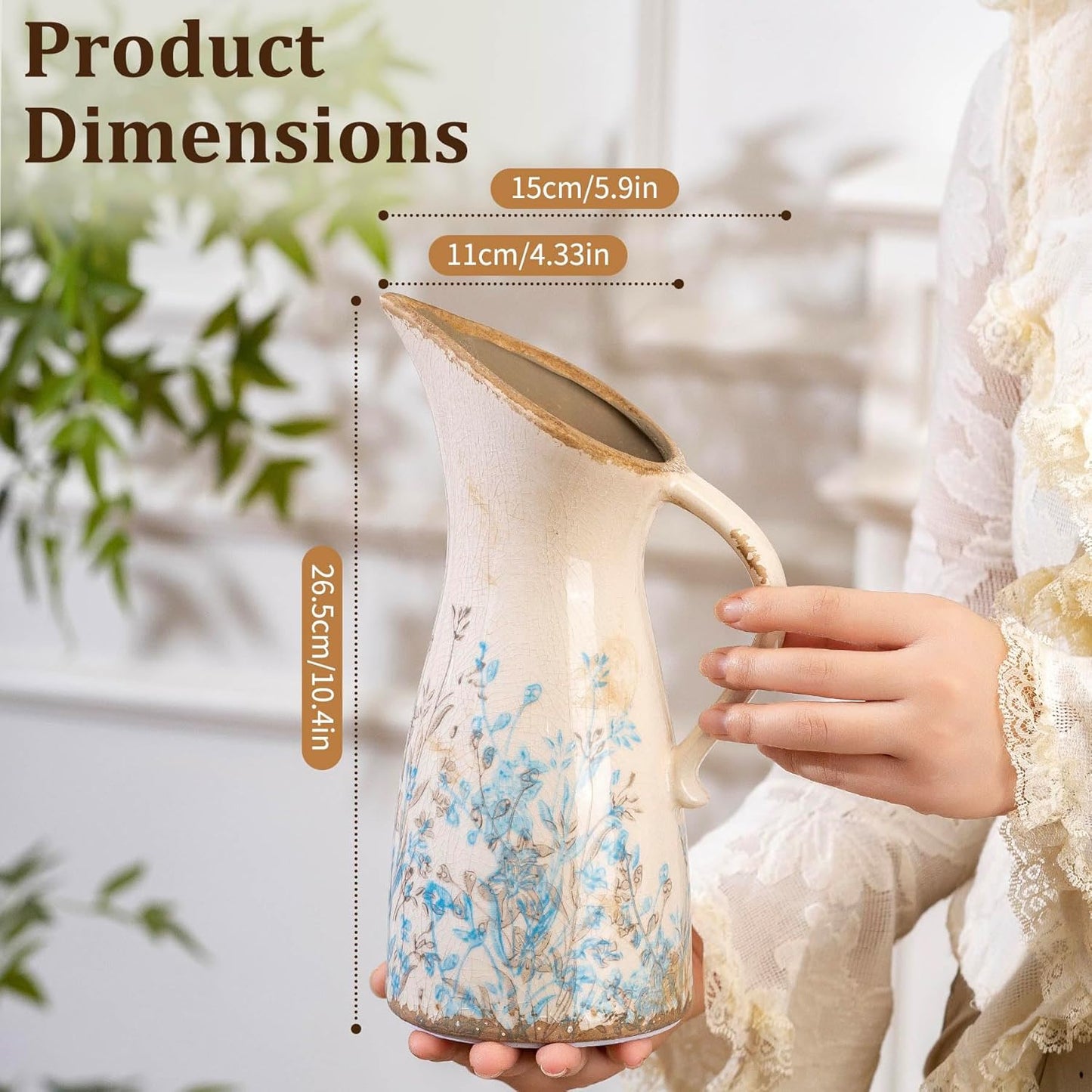 Vintage Ceramic Pitcher Vase with Handle, Farmhouse Blue and Brown Large Floral Vases, French Country Decorative Vase, Rustic Table Centerpiece for Home Decor Living Room, Bookshelf, Office 10.5 Inch