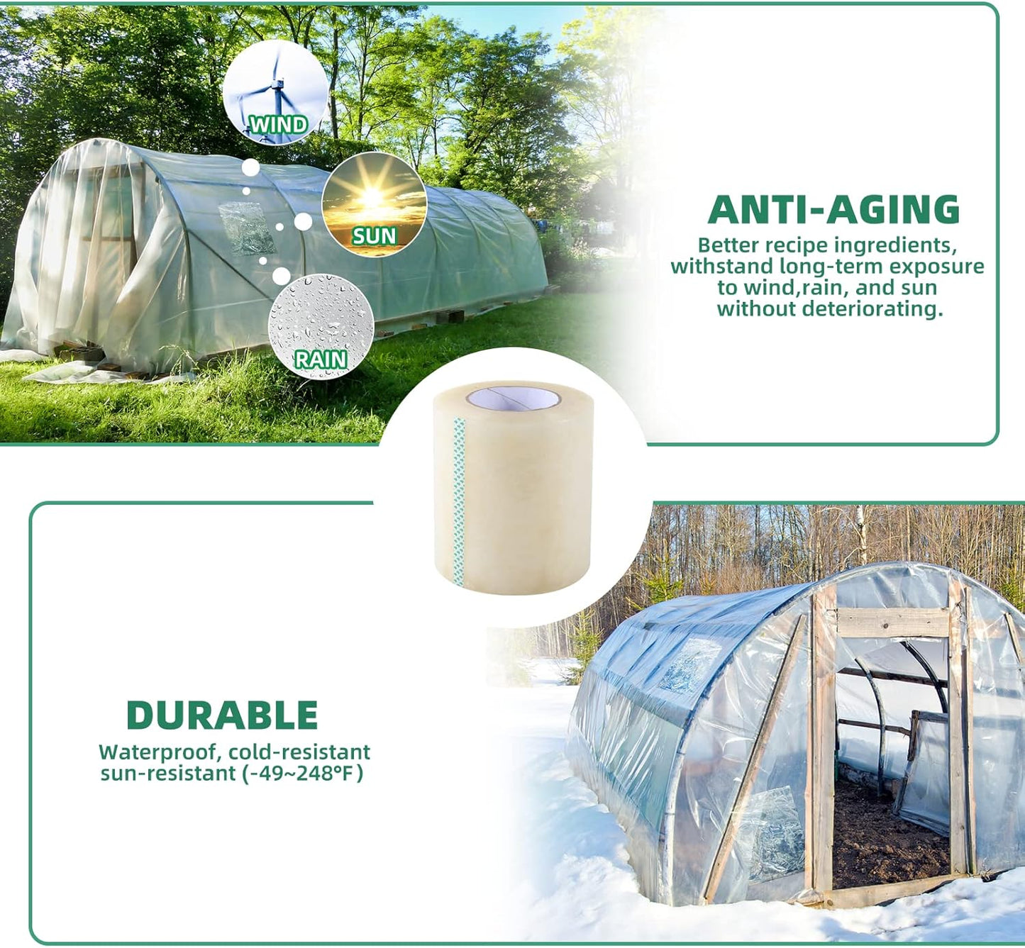 Greenhouse Repair Tape, 6.3 mil Thickness Greenhouse Plastic Tape, Clear UV Resistant Greenhouse Sheeting Coverings Film Tape(4inX213ft)