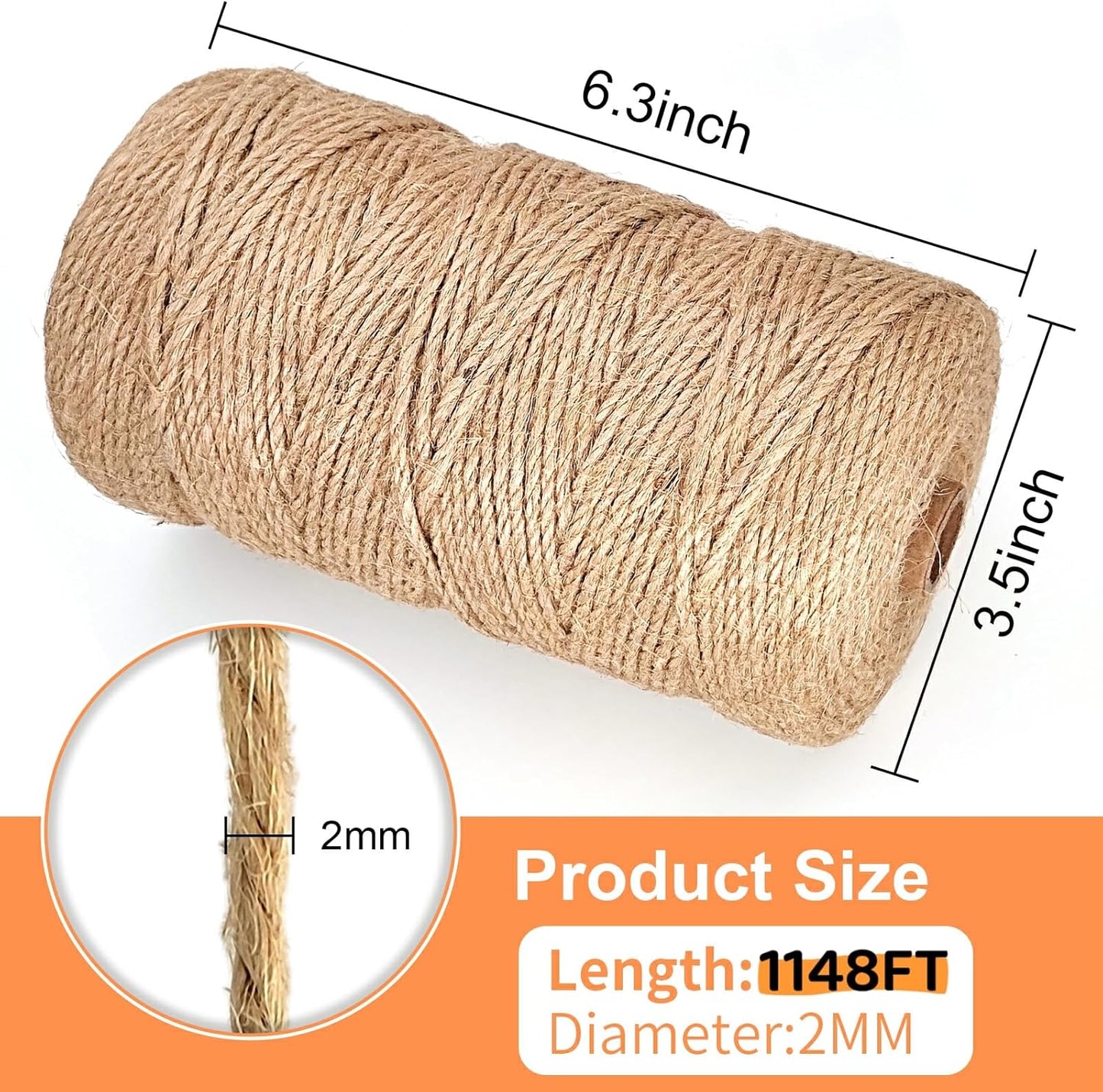 Twine String, 2mm 1148FT Jute Rope for Handmade Arts Crafts Gift Wrapping, Burlap String for Gardening Climbing Plant, Hemp Cord for Halloween Christmas Wedding Decoration