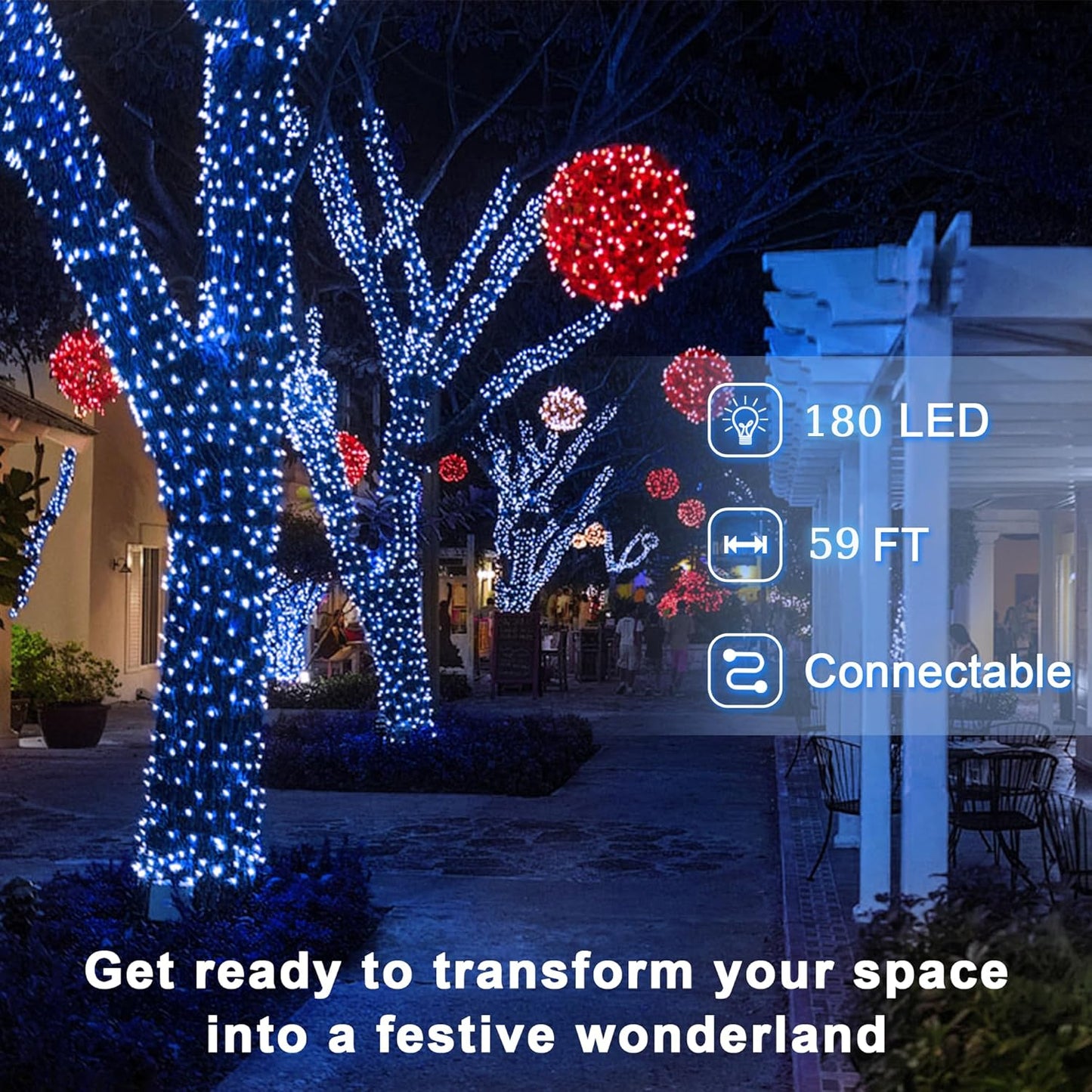 180 LED 59ft Christmas String Lights Indoor Outdoor, 8 Modes Christmas Fairy Lights with Timer & Momory, IP44 Waterproof Christmas Tree Lights for Xmas Patio Yard Fence Balcony Garden (Blue)