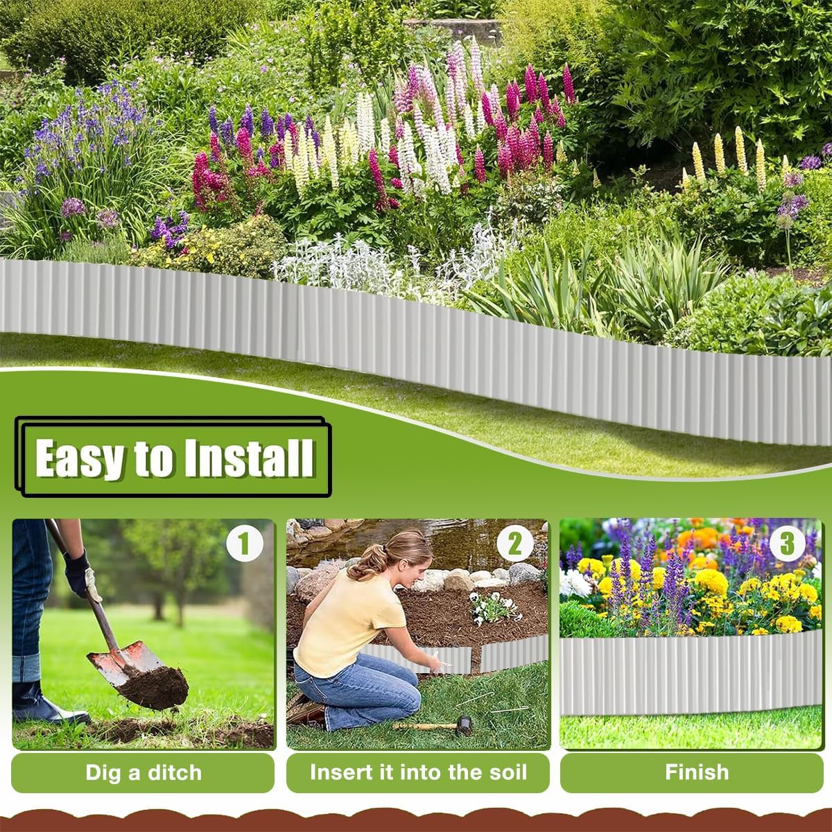 Landscape Edging Border 6inch x 40ft- Corrugated Metal Garden Edging - Lawn Edging Borders - Galvanized Edging Long Strips Yard Border for DIY Flower Beds, Plants, Walkways-Silvery