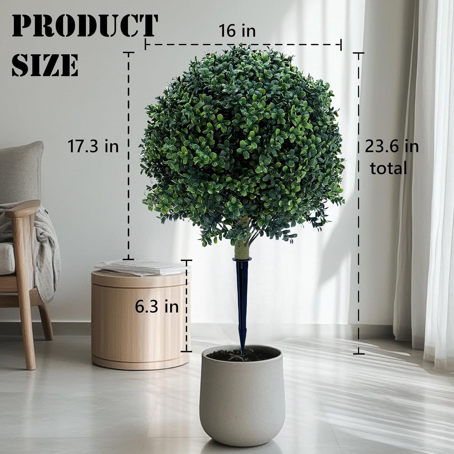 23.6 Inches Set of 2 Artificial Boxwood Topiary Ball Tree with Ground Spike, Faux Bushes UV Resistant Faux Greenery Shrubs, Fake Boxwood Plants for Indoor, Front Porch Decor, Garden, Yard
