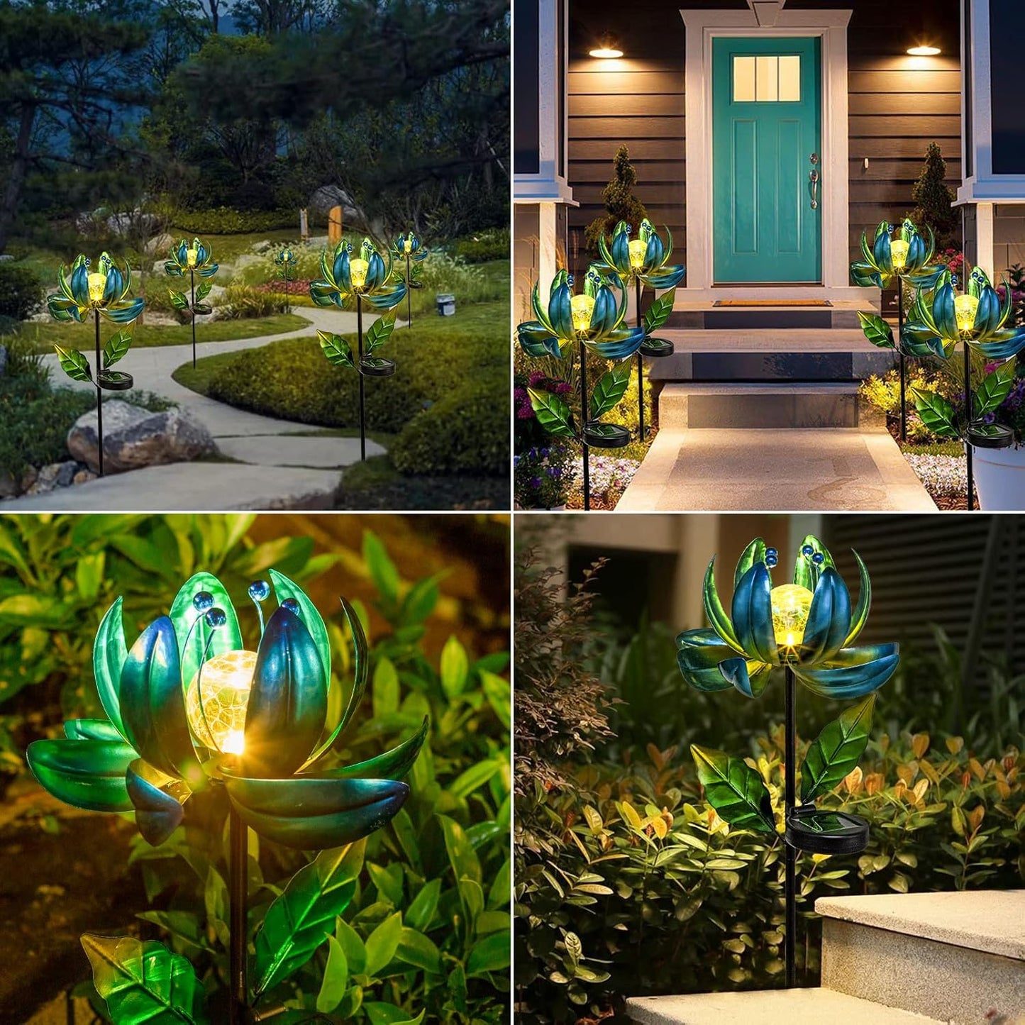 Huaxu Solar Outdoor Lights 35.4In Garden Decor Flower Wind Spinners,Waterproof LED Crackle Glass Globe Blue Lotus Art Metal Stake for Lawn Patio Pathway Yard Porch Driveway Decorations Gift