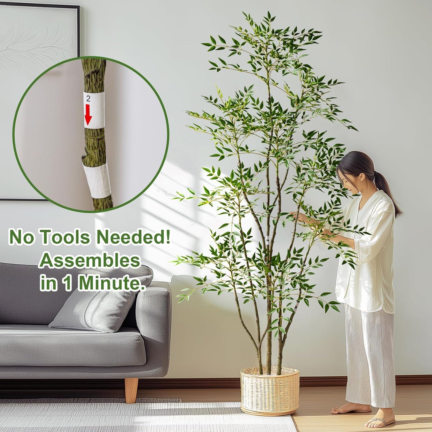 7.2ft Faux Bamboo Tree Artificial Nandina Tree Artificial Indoor Plants Realistic Fake Potted Tree with 800+ Leaves, Cement Planter - Home Office Decor Perfect for Housewarming Gift Non-Toxic